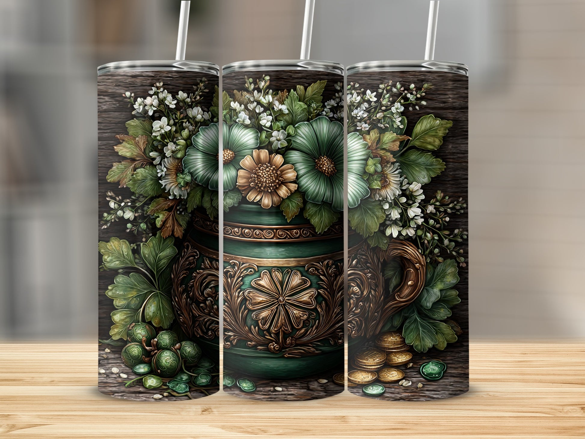 Floral and Leafy Artistic Tumbler for Elegant Drinking
