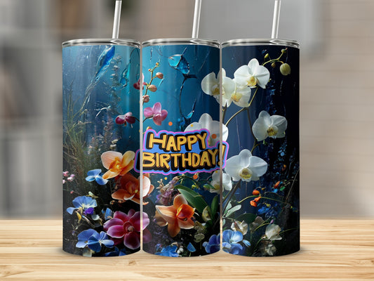 Three tumblers with floral designs, one featuring "Happy Birthday" text.