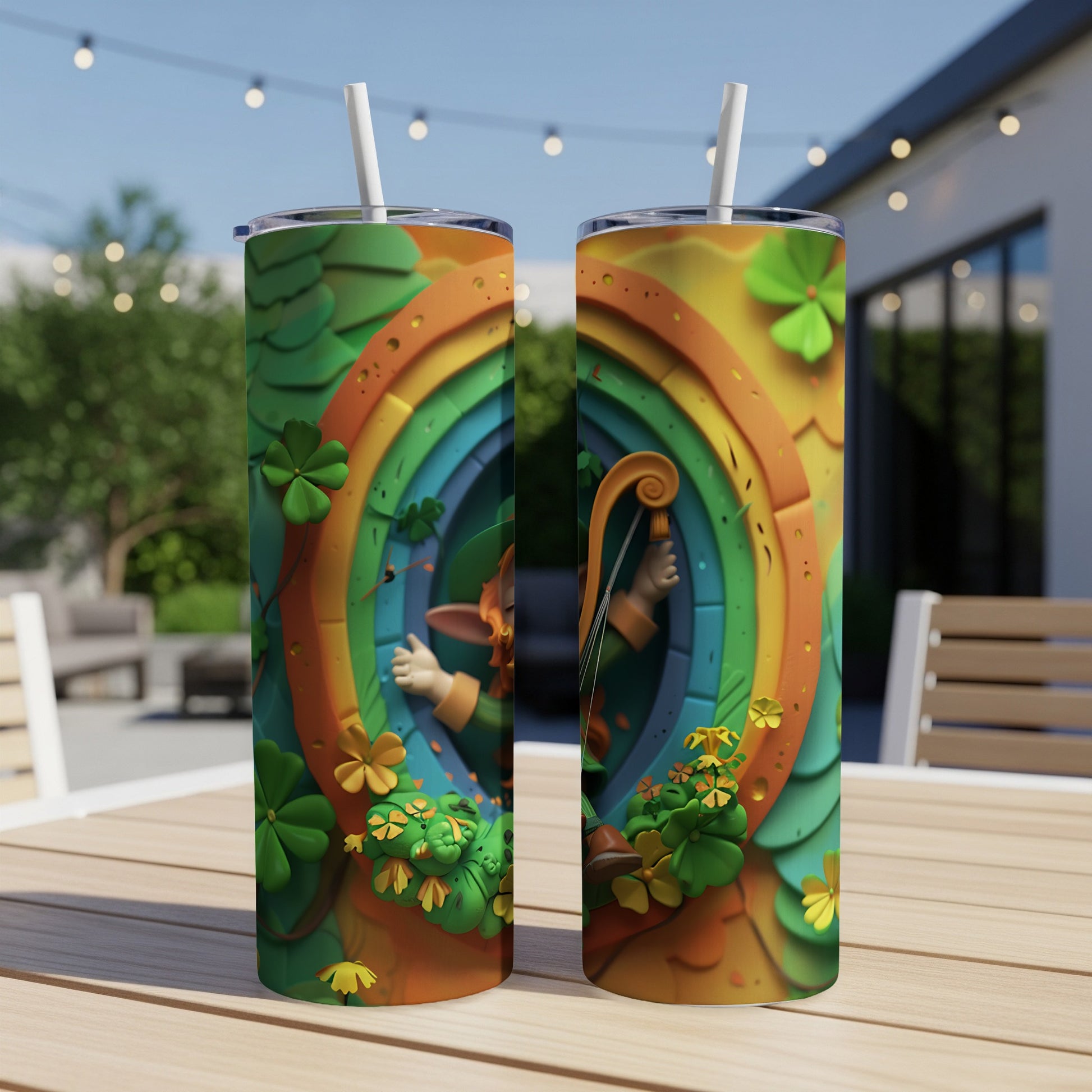 Leprechaun in rainbow archway with shamrocks and clover patterns on two tumblers.