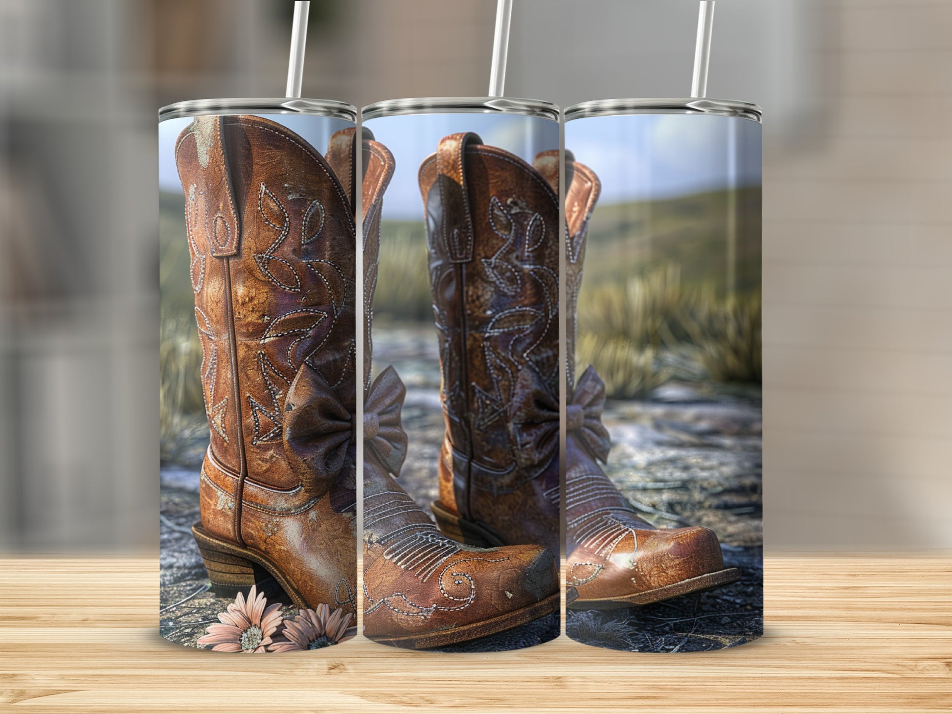 Brown cowboy boots with floral accents and straws on wooden surface.