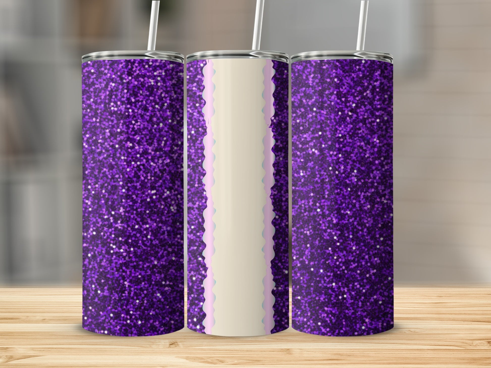 Three purple glitter tumblers with straws stand on a wooden surface.