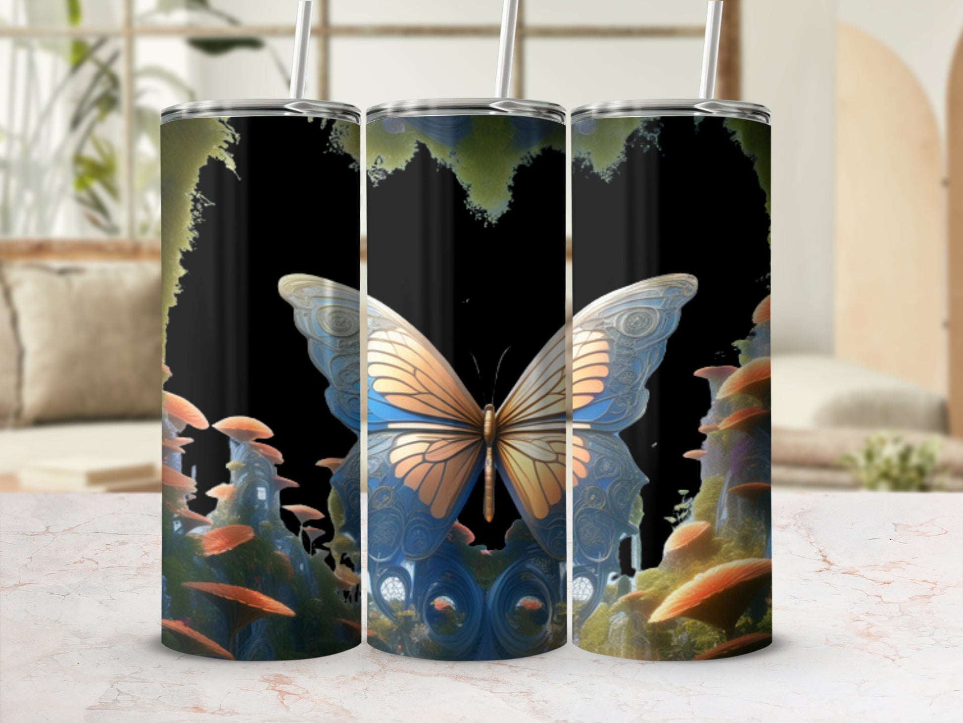 Three tumblers with a mystical forest and butterfly design.