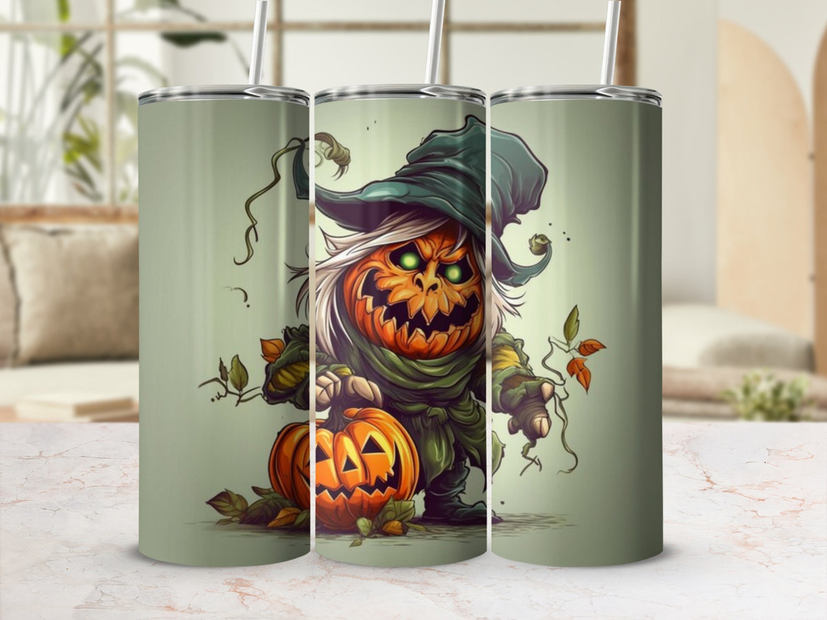 Tumbler with a cartoon jack-o'-lantern character holding a smaller pumpkin.
