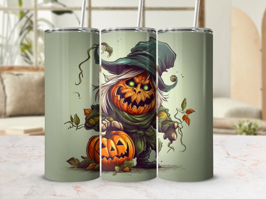 Tumbler with a cartoon jack-o'-lantern character holding a smaller pumpkin.
