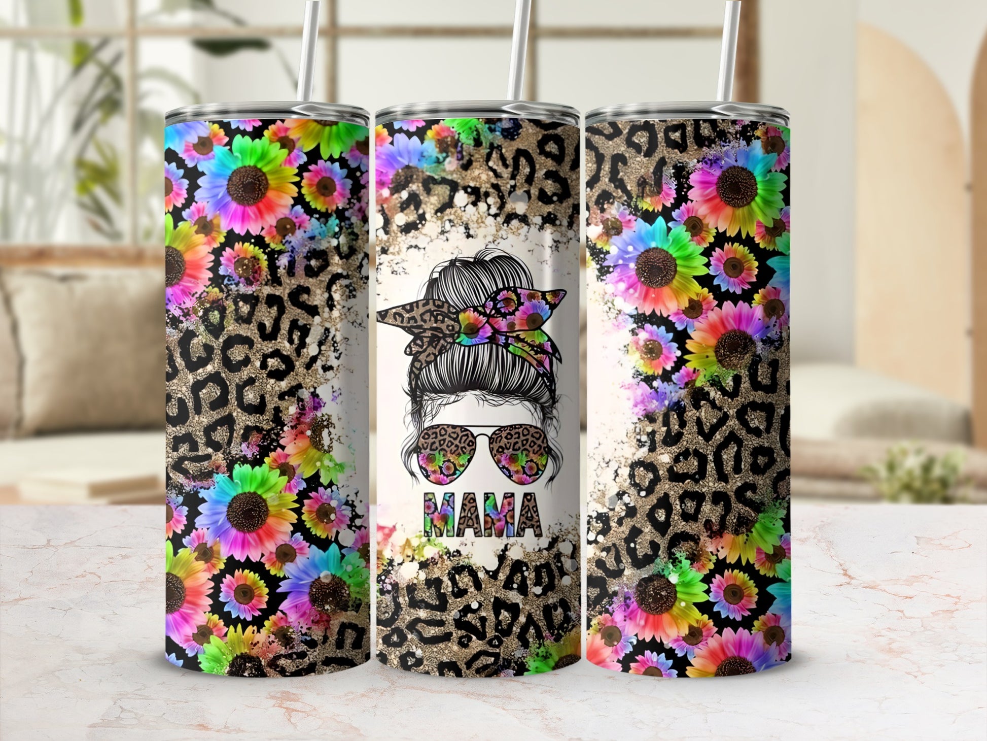Tumbler with rainbow sunflowers and leopard print, text "Mama".