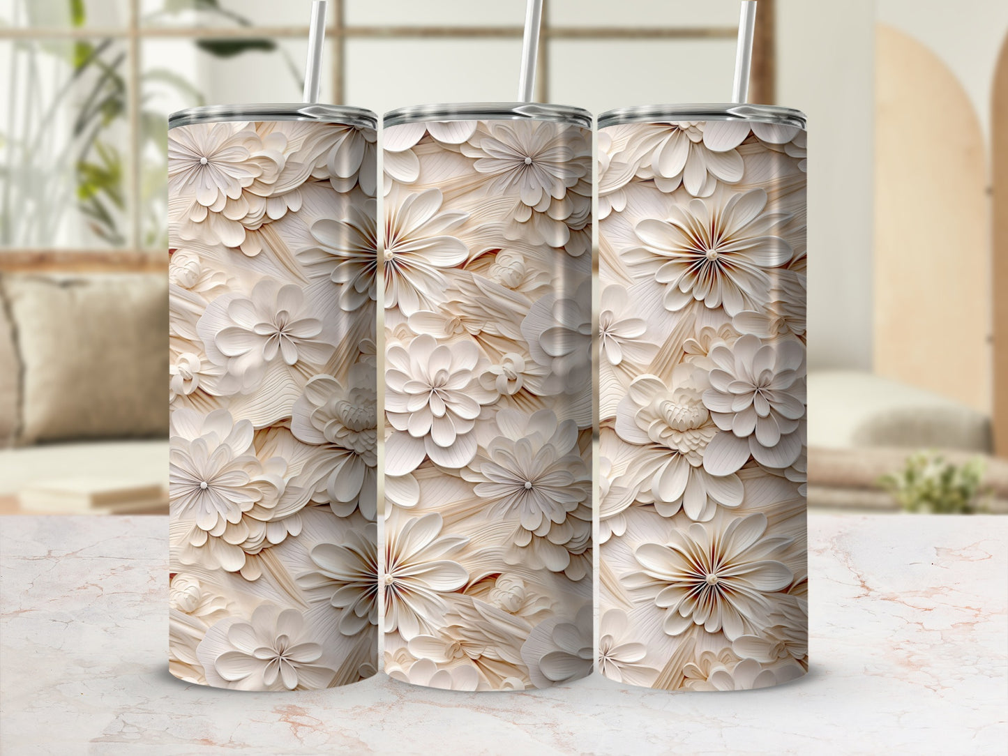Floral Embossed White and Beige Design Tumbler Product