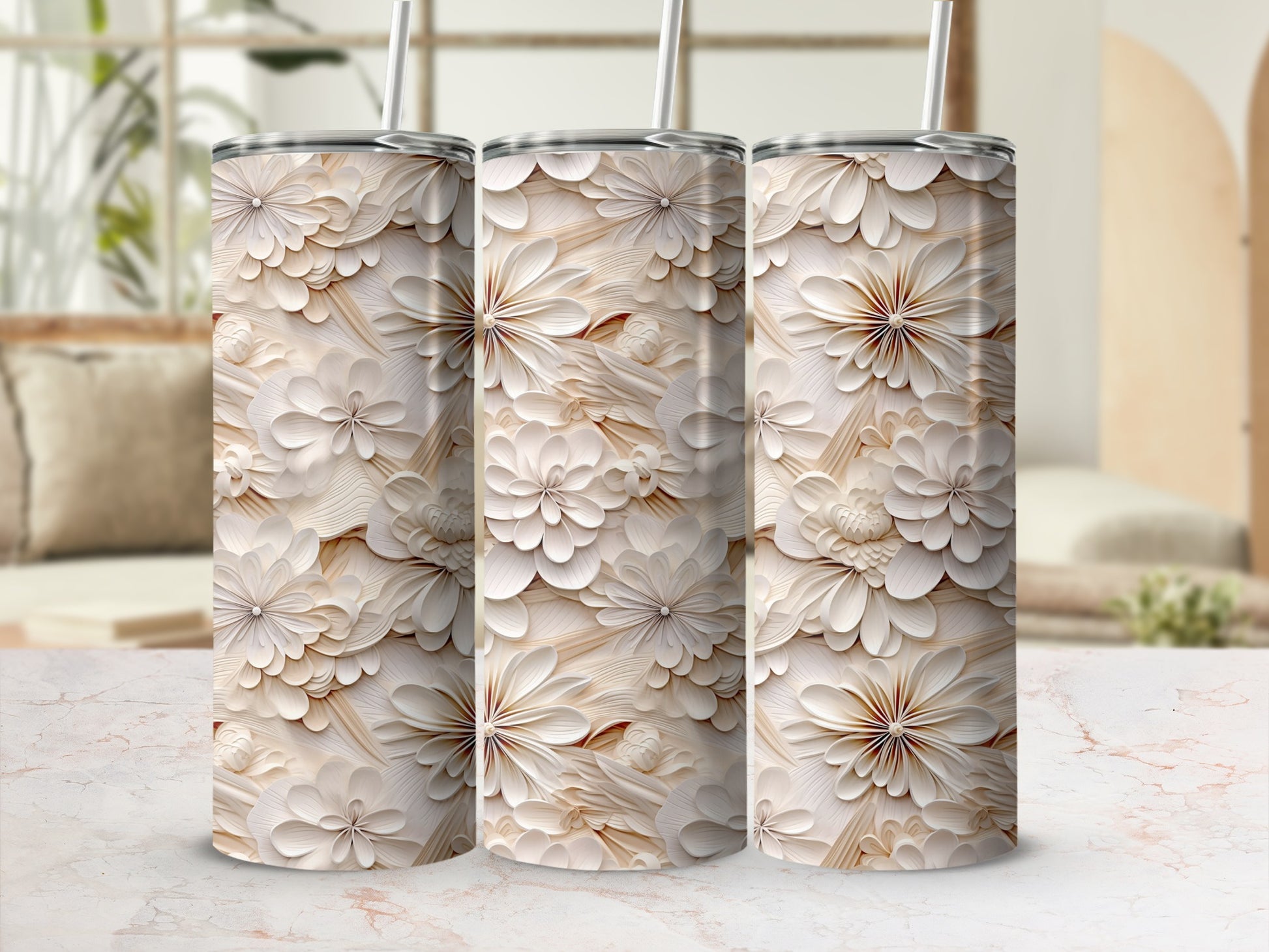 Floral Embossed White and Beige Design Tumbler Product
