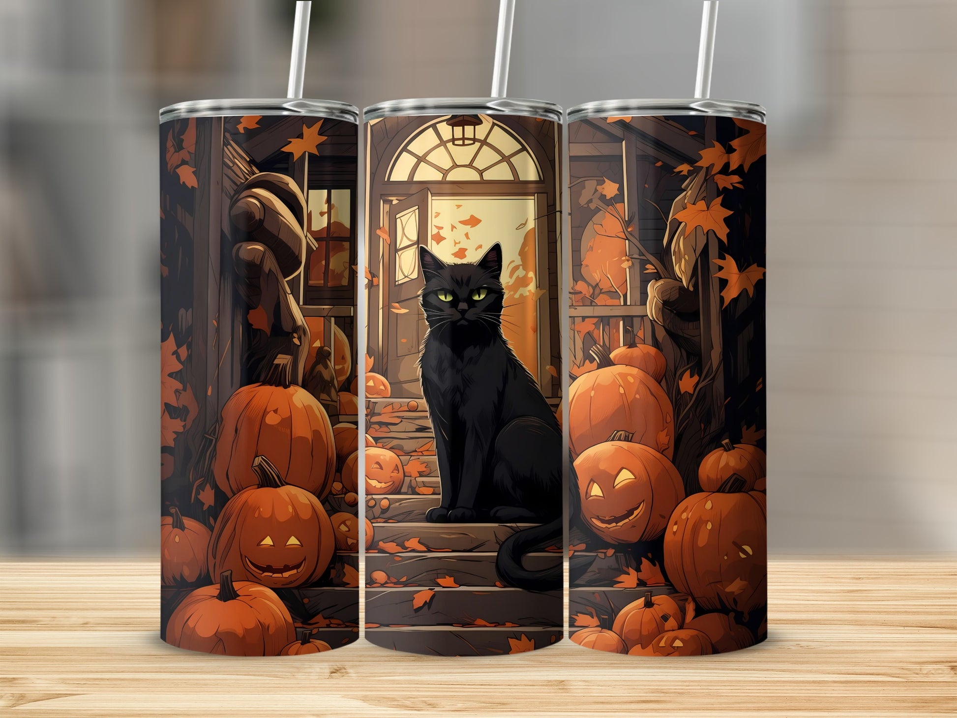 Black cat with green eyes sits on steps surrounded by pumpkins and autumn leaves.