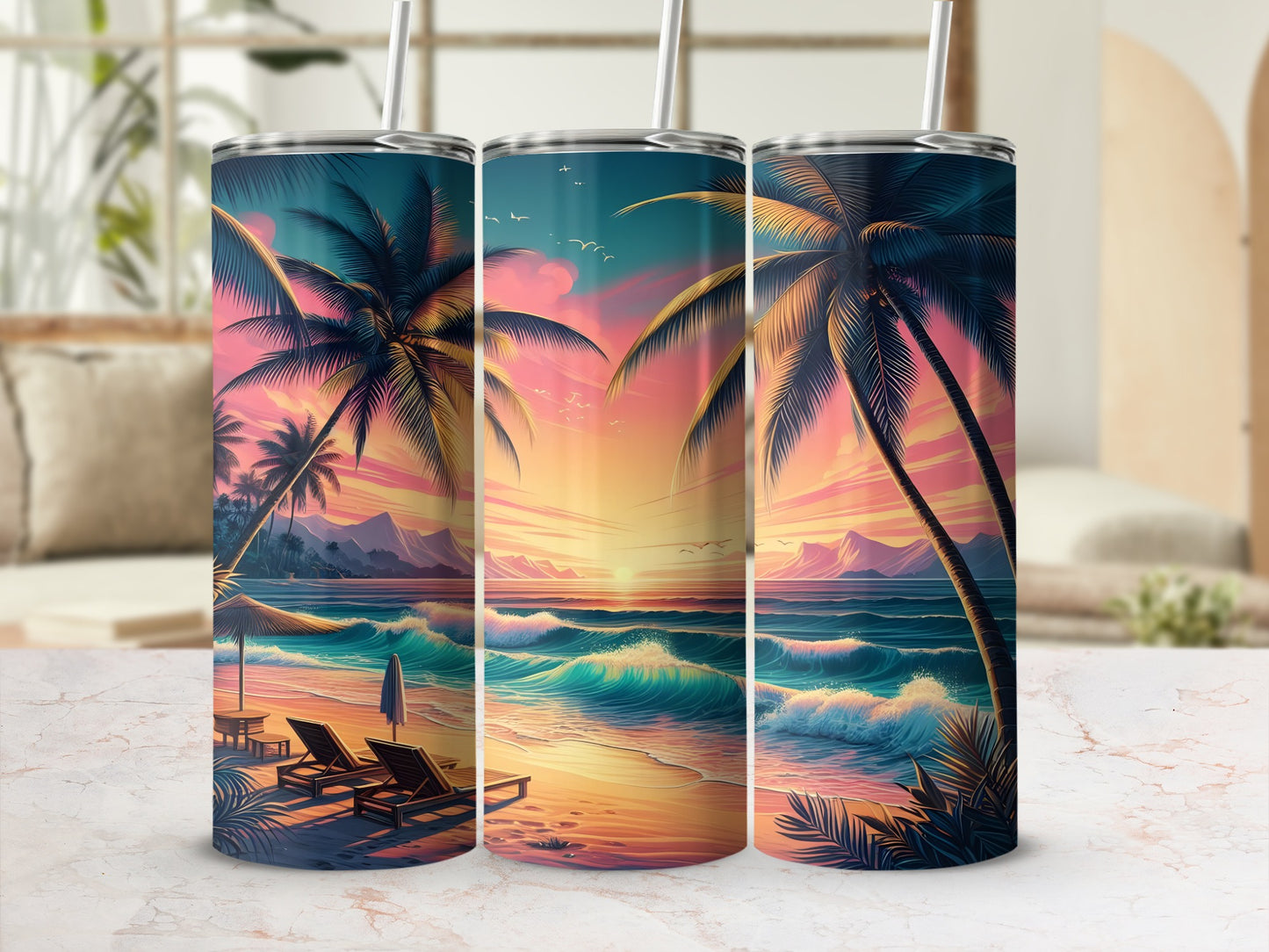 Three palm trees on a beach at sunset with ocean waves and lounge chairs.