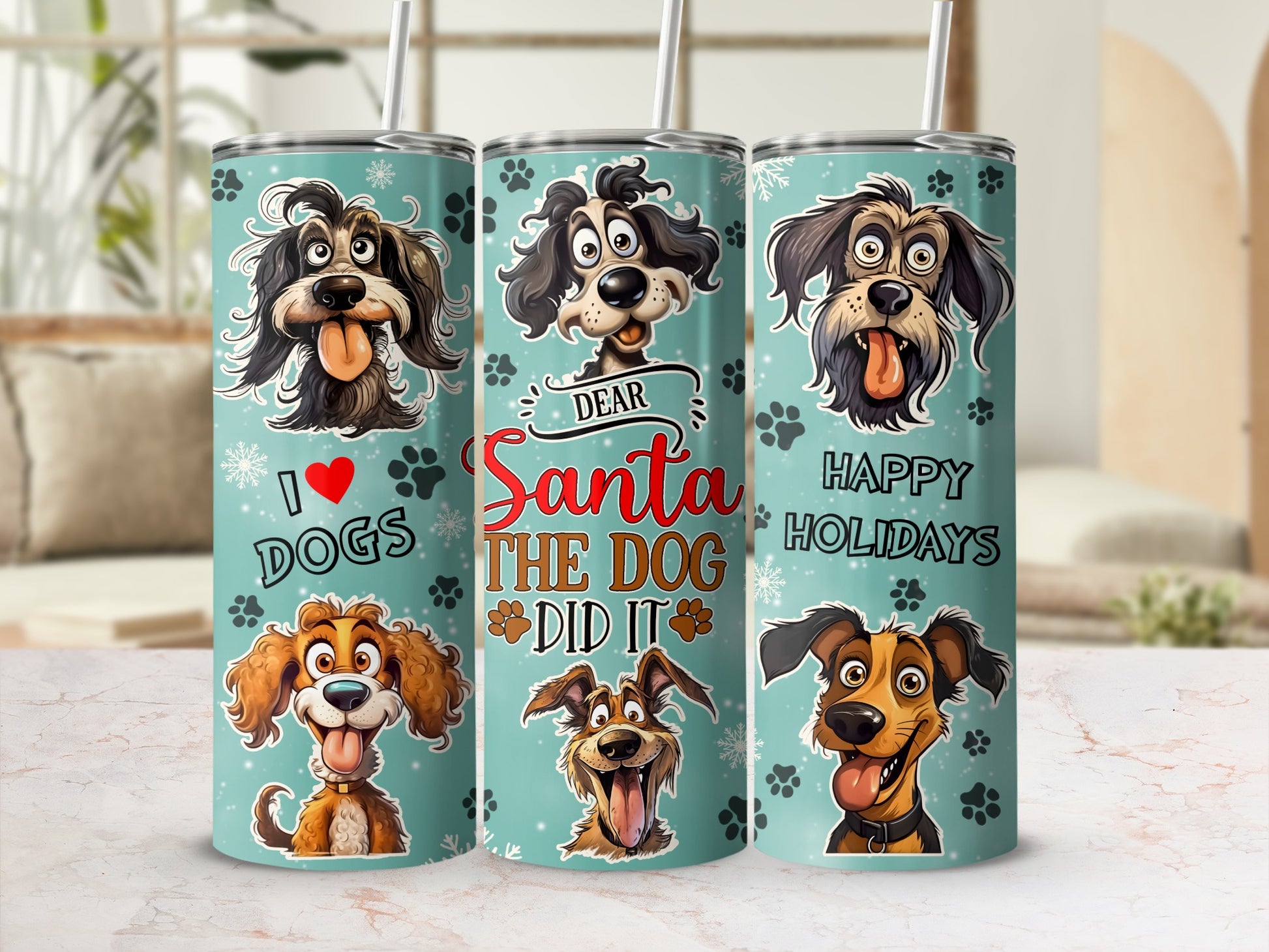 Three cartoon dogs on a tumbler with "Dear Santa The Dog Did It" text.