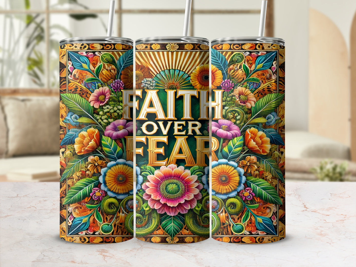 Faith Over Fear Floral Design Tumbler Cup
