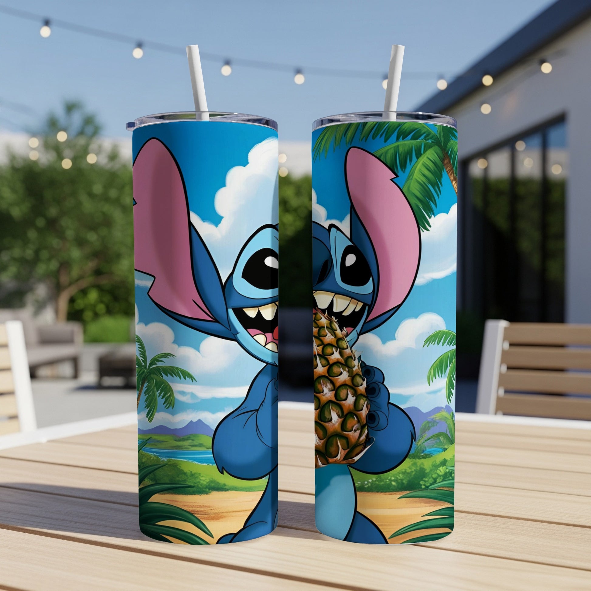 Stitch character holding a pineapple, on a tropical background.