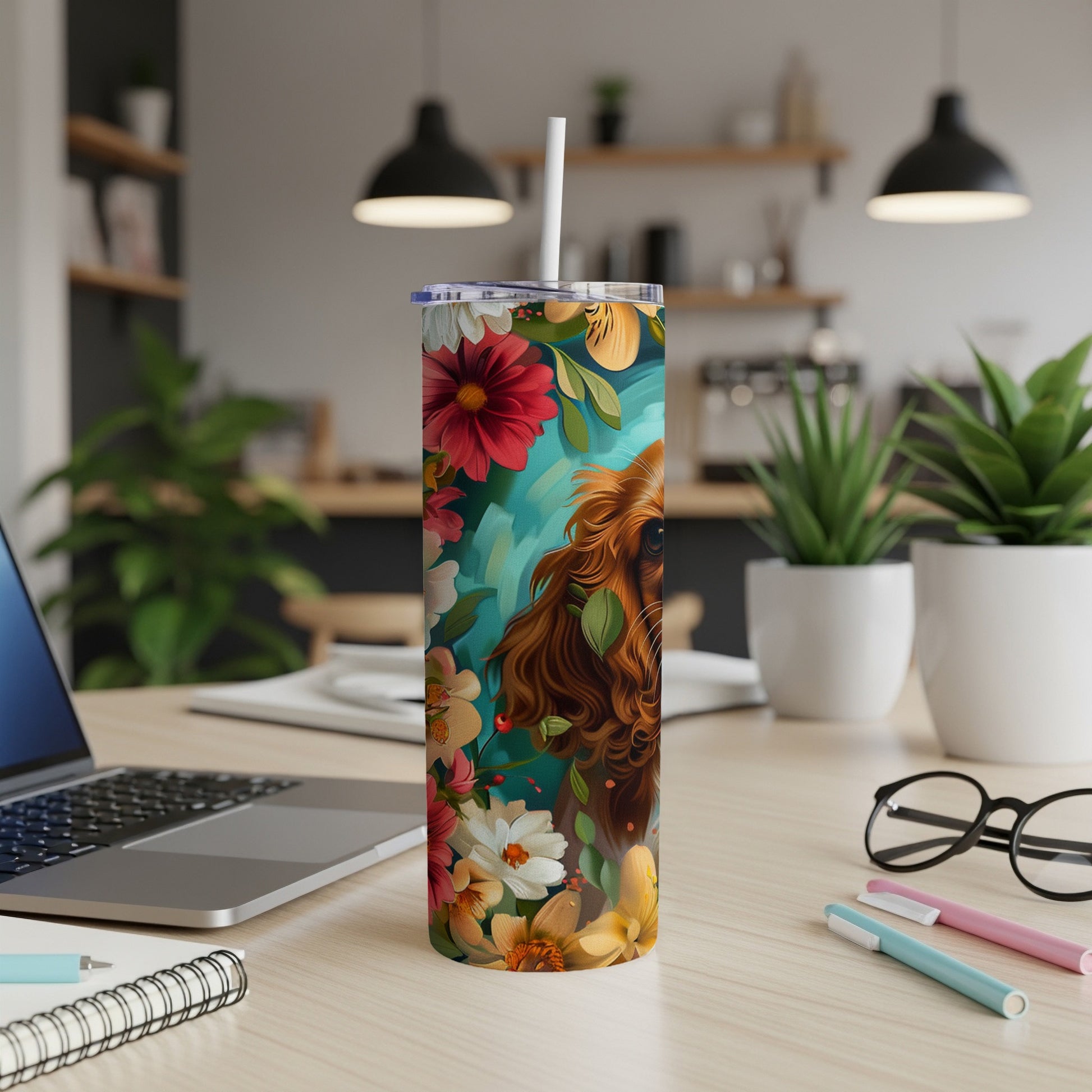 Golden retriever with floral accents on a skinny tumbler.