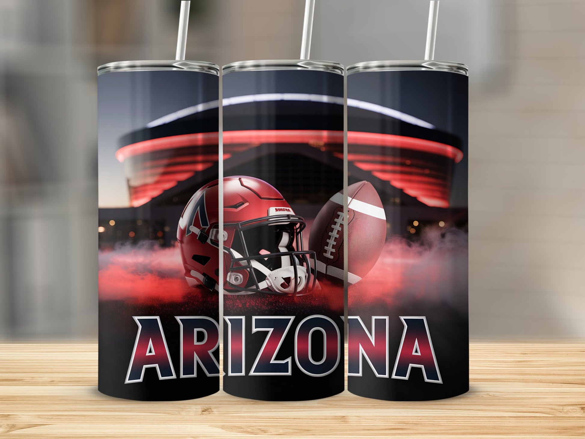 Arizona football helmet and ball with stadium background