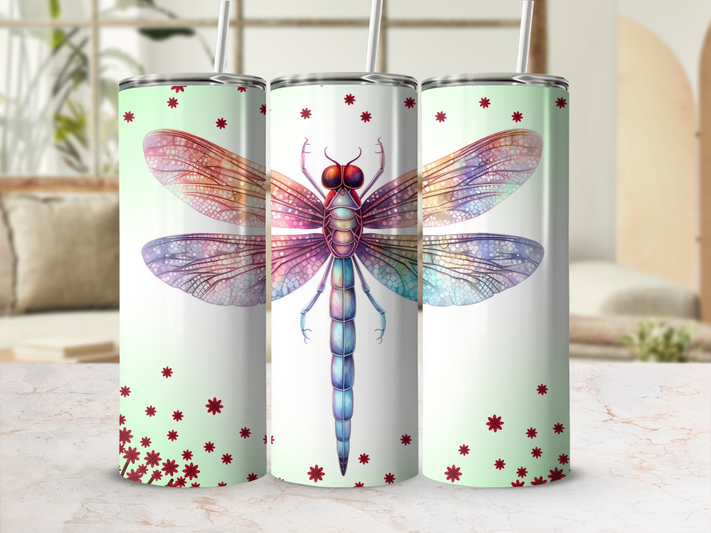 Colorful Dragonfly Design Tumbler with Straw Cup