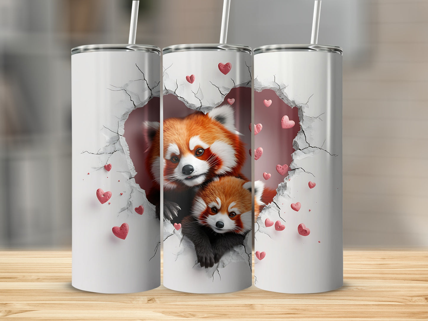Two red pandas peek through a heart-shaped crack in a white tumbler.