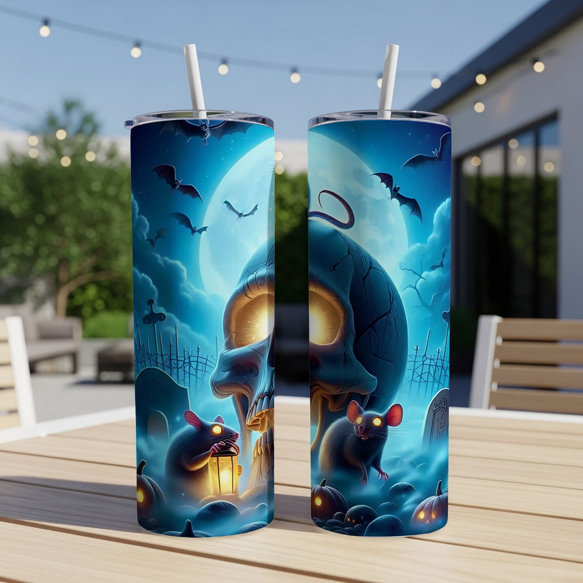 Halloween tumblers with skull, bats, rats, pumpkins, and gravestones under a full moon.