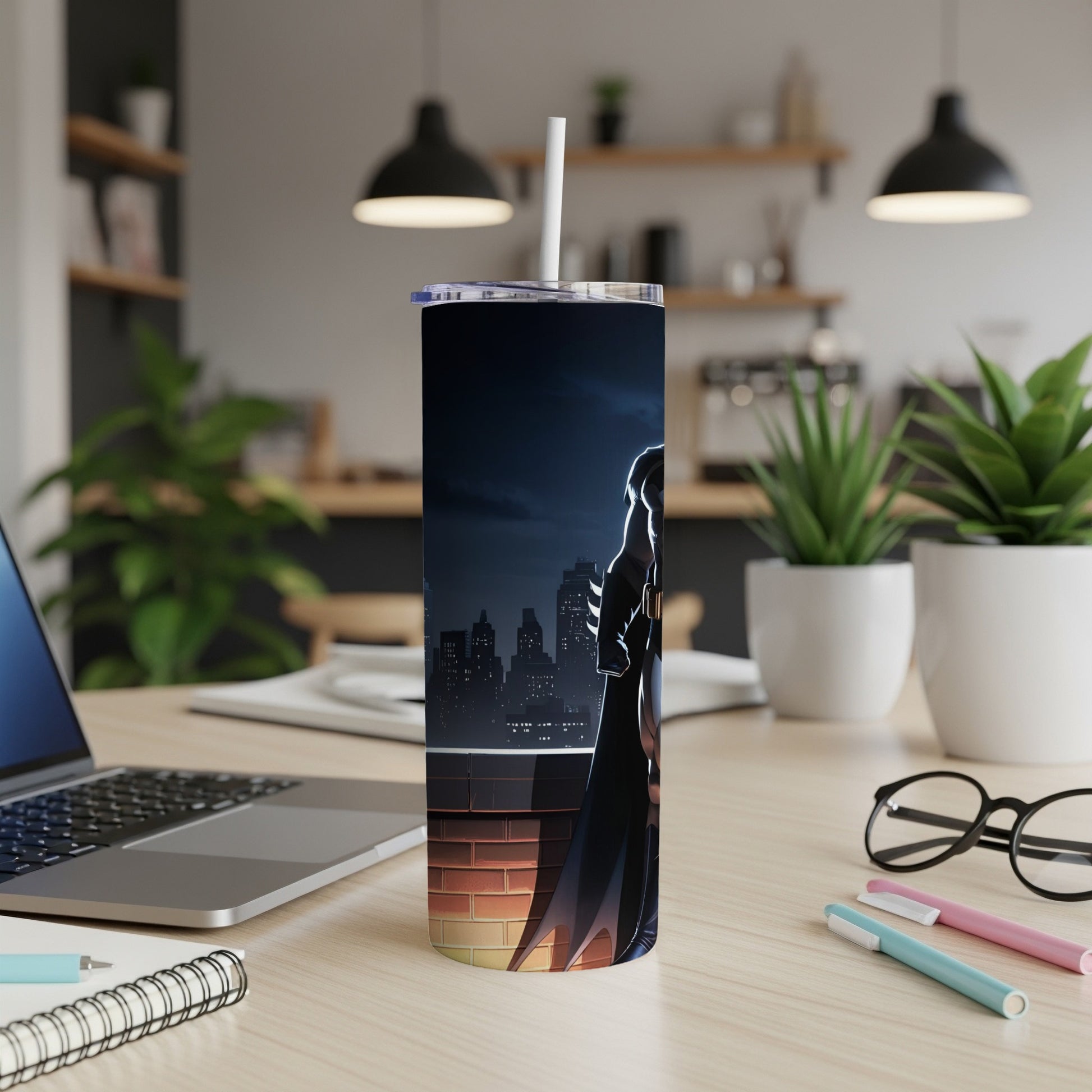 Batman standing on rooftop overlooking city skyline on a tumbler.
