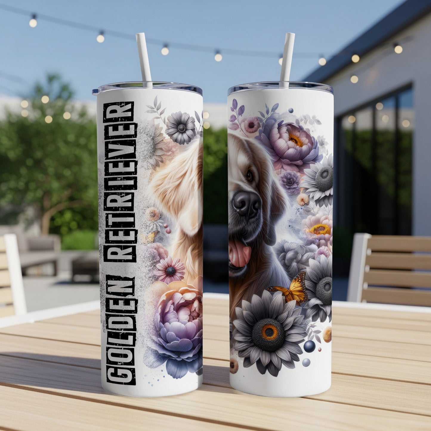 Golden Retriever with floral designs on a white tumbler.