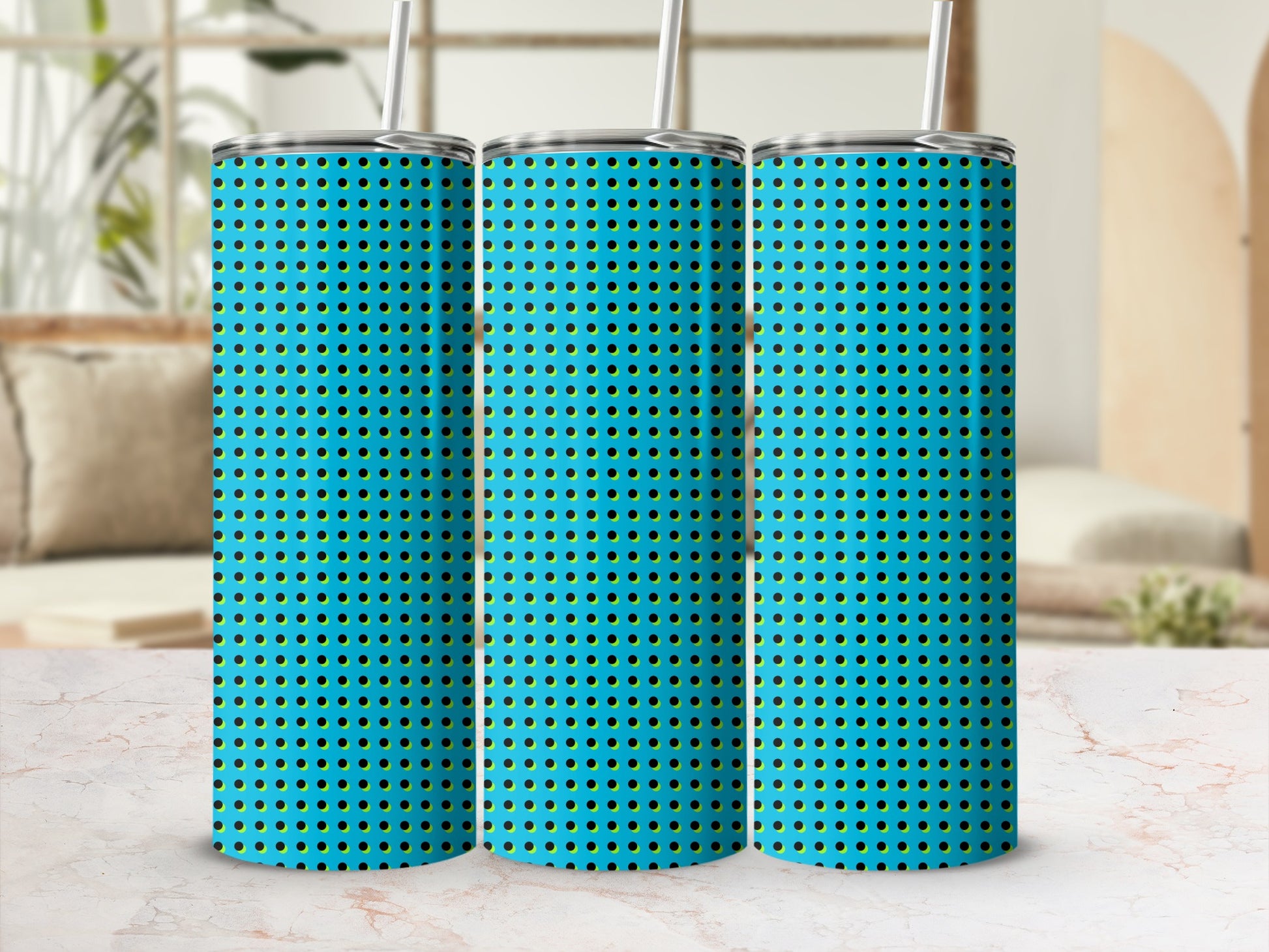 Three tumblers with a blue background and a repeating black dot pattern.