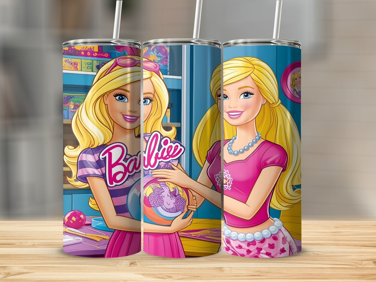 Barbie illustration in a pink outfit holding a fishbowl with a rainbow fish.