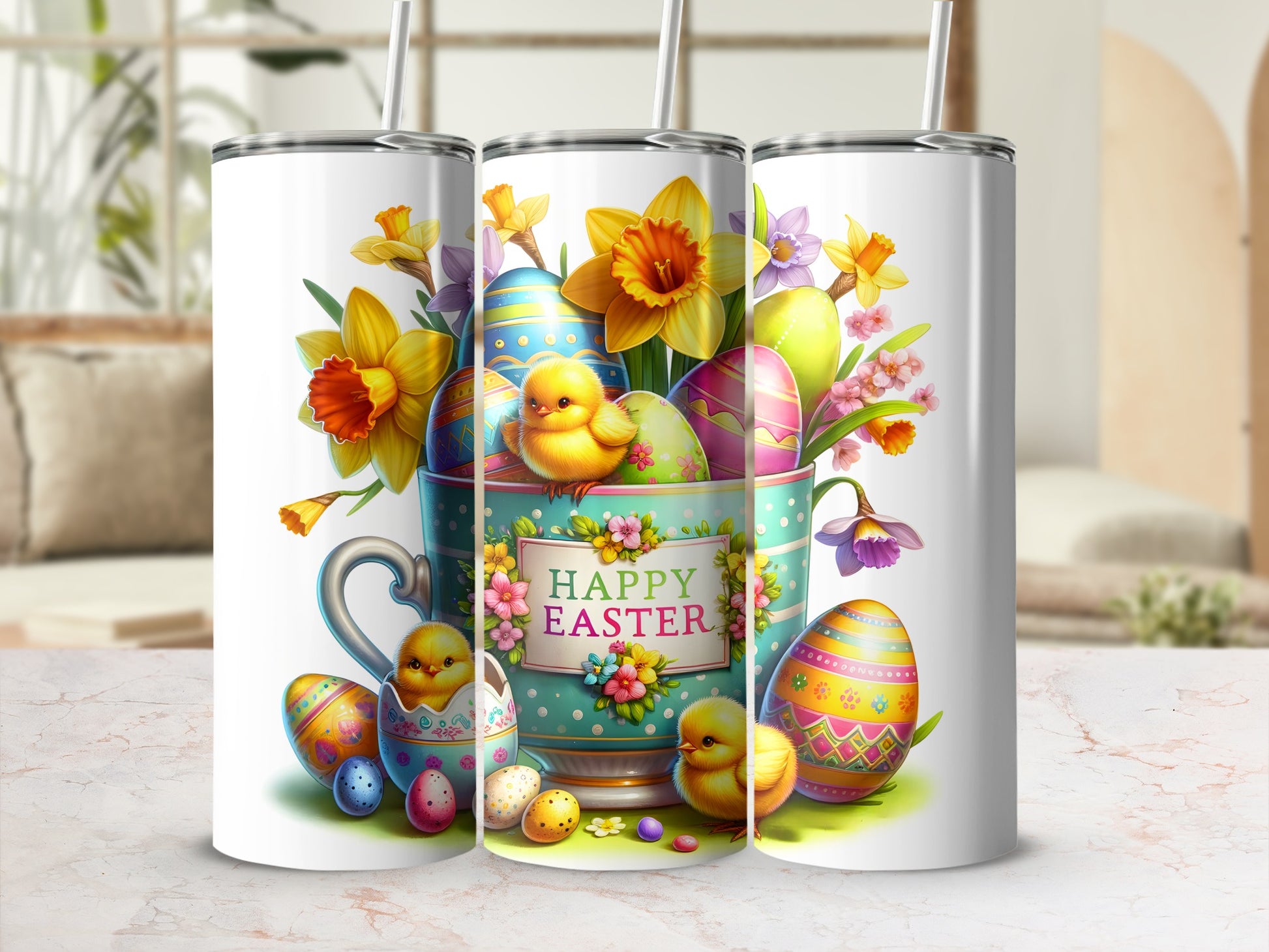 Easter-themed tumblers featuring chicks, colorful eggs, and daffodils in a cup.