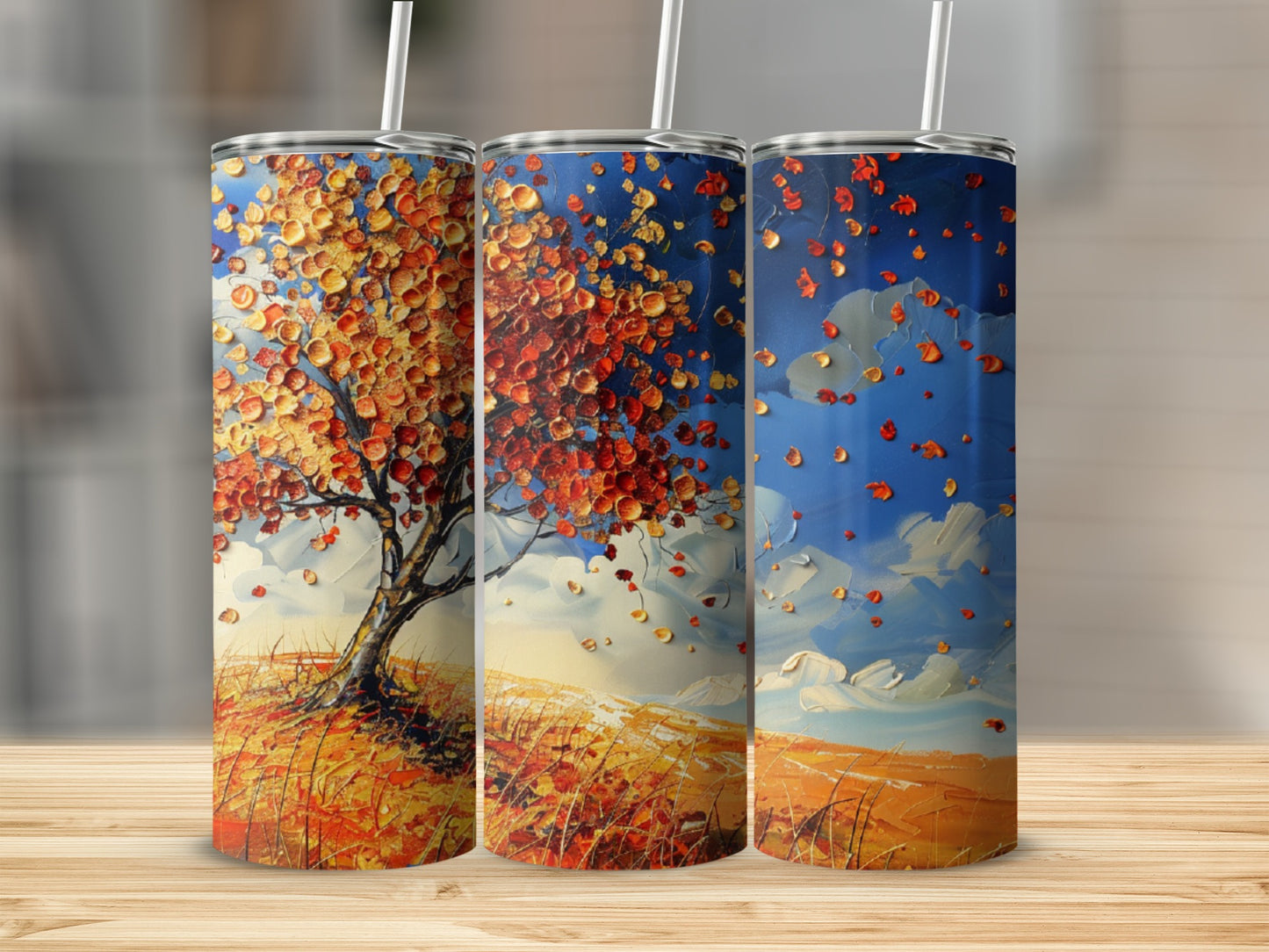 Abstract autumn tree with falling leaves on a blue sky background.