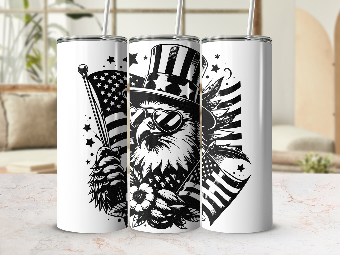 Eagle in top hat and sunglasses holding American flags.