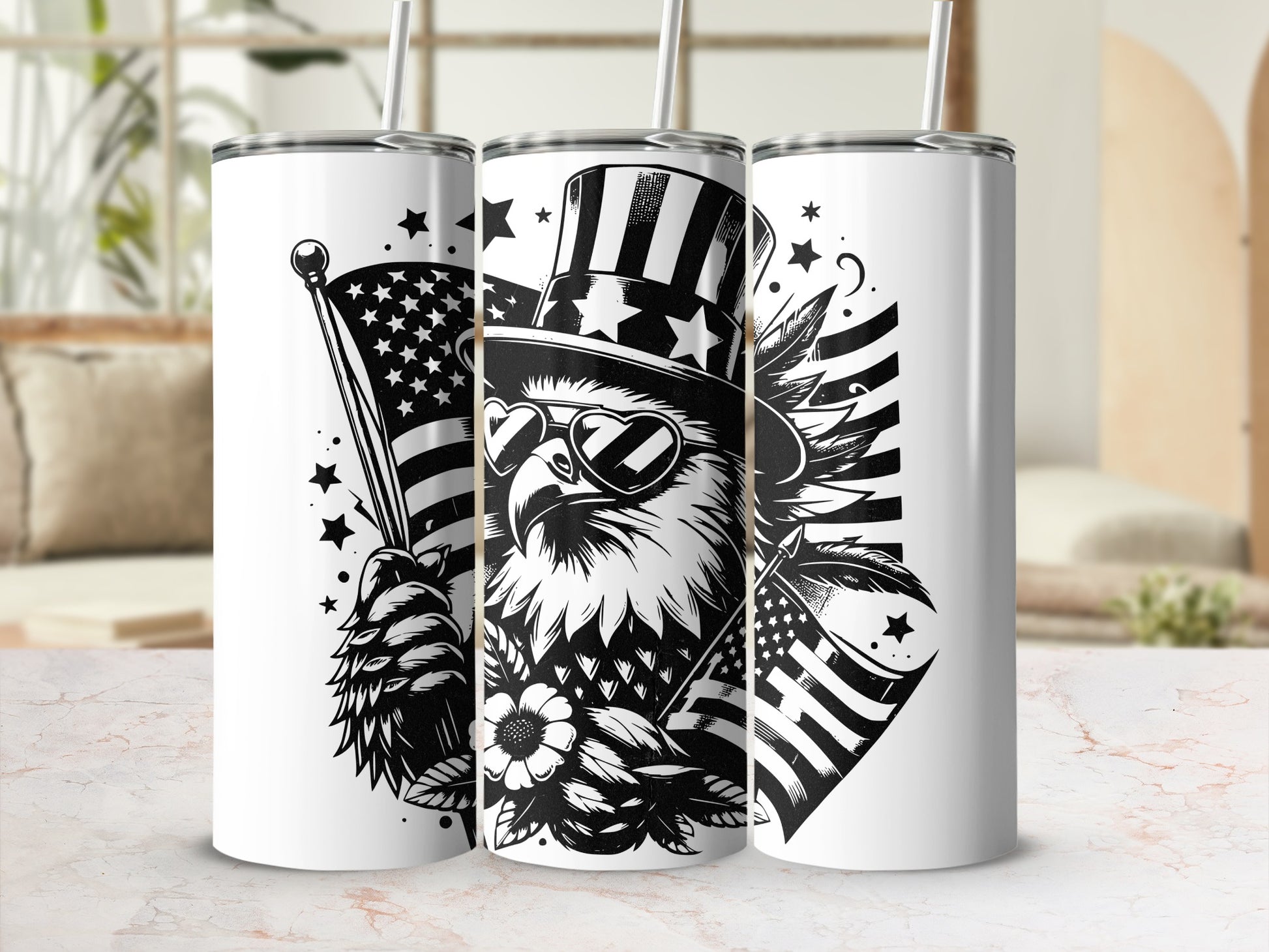 Eagle in top hat and sunglasses holding American flags.