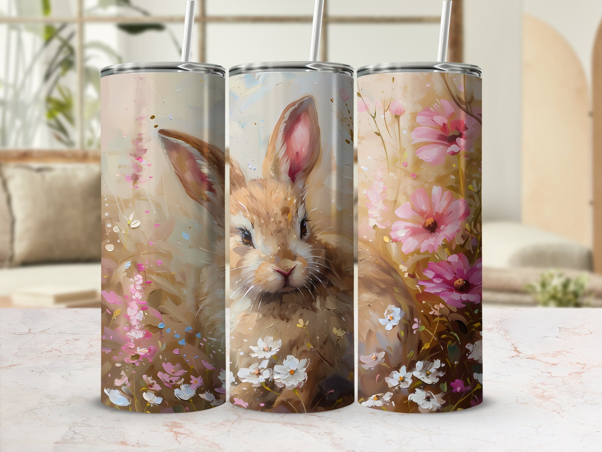 Bunny surrounded by pink and white flowers, digital art.