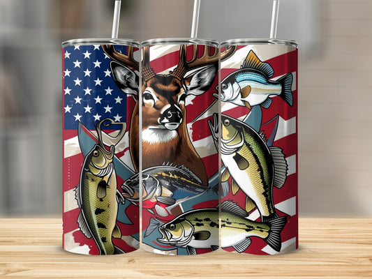 Patriotic Fishing and Hunting Themed Tumbler with Lid