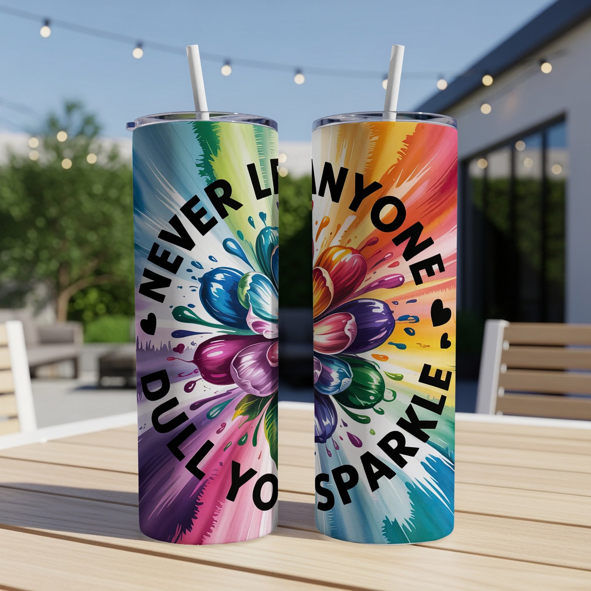 Tumblers with rainbow floral explosion and text "Never dull, always sparkle."