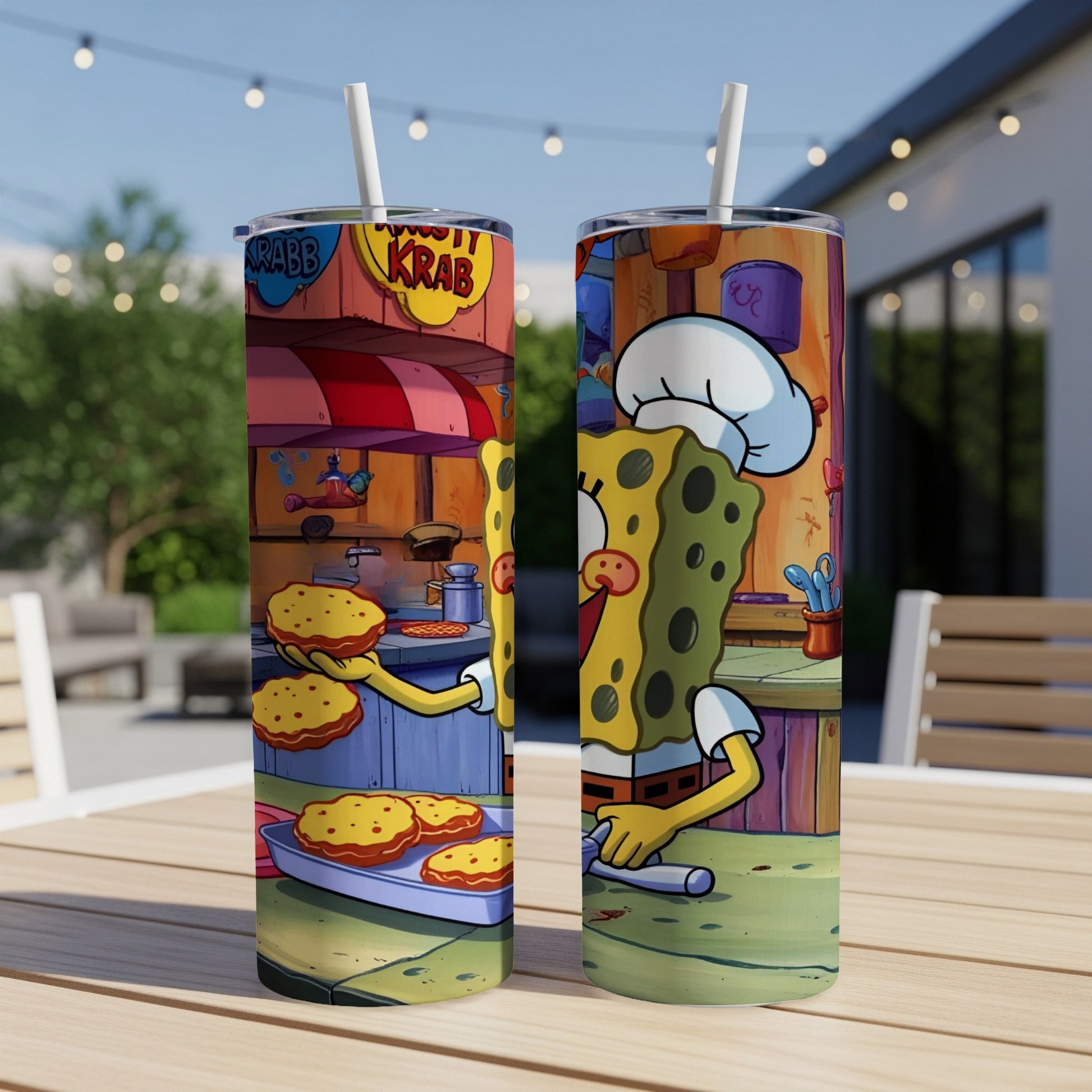 SpongeBob SquarePants in Krusty Krab kitchen holding spatula and Krabby Patties.