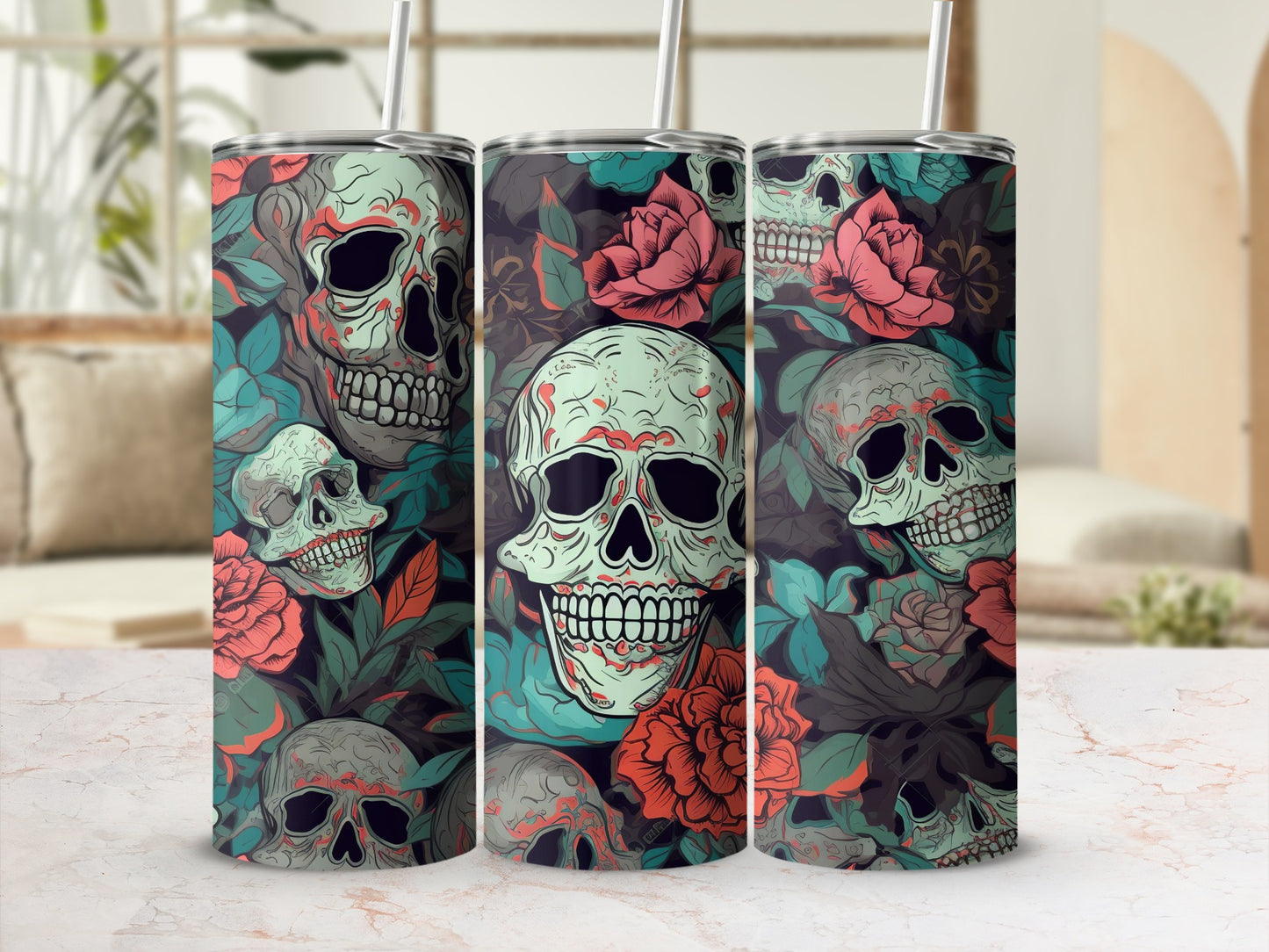 Floral Skulls Tumbler with Straw Stainless Steel Design