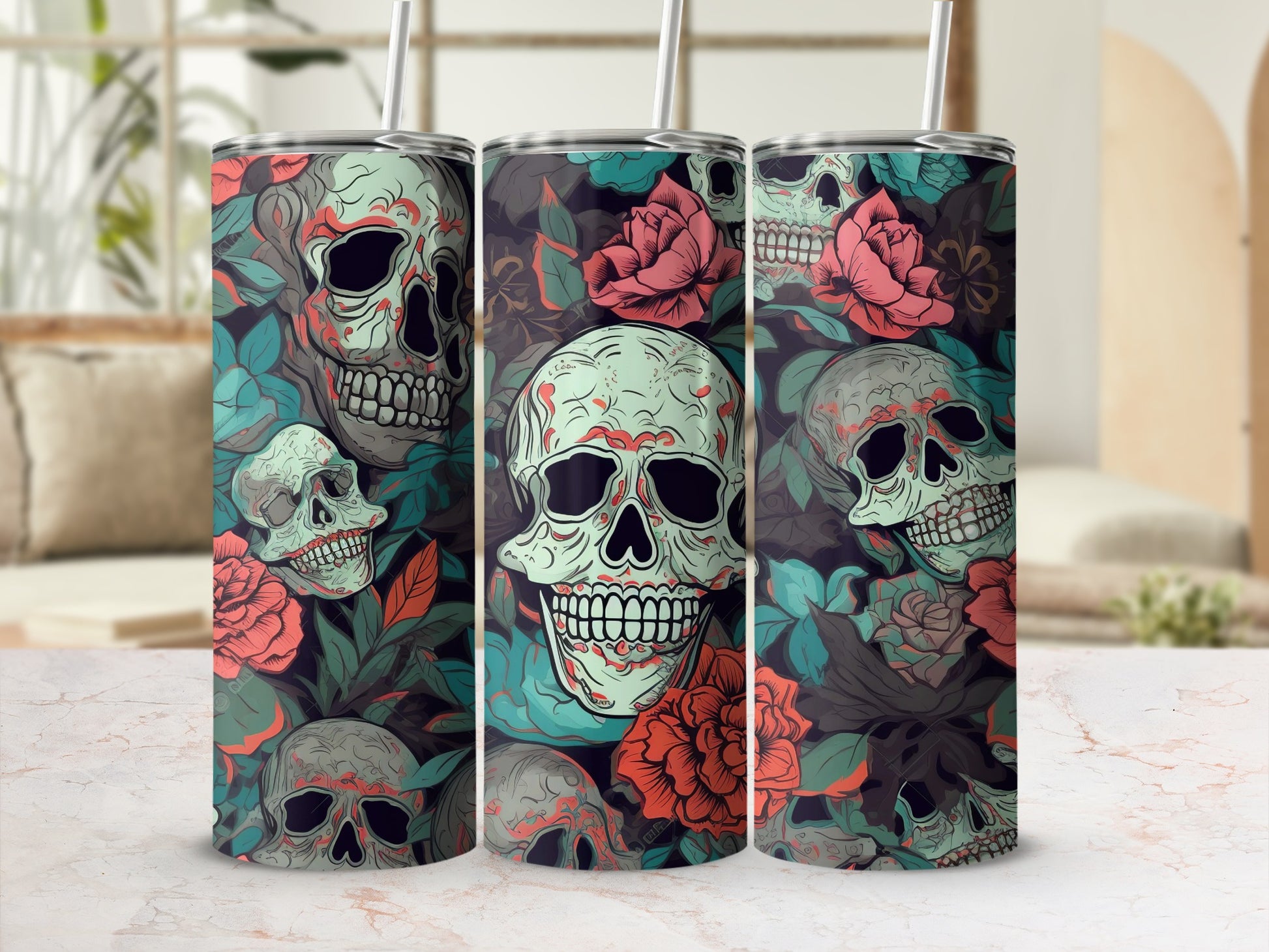 Floral Skulls Tumbler with Straw Stainless Steel Design