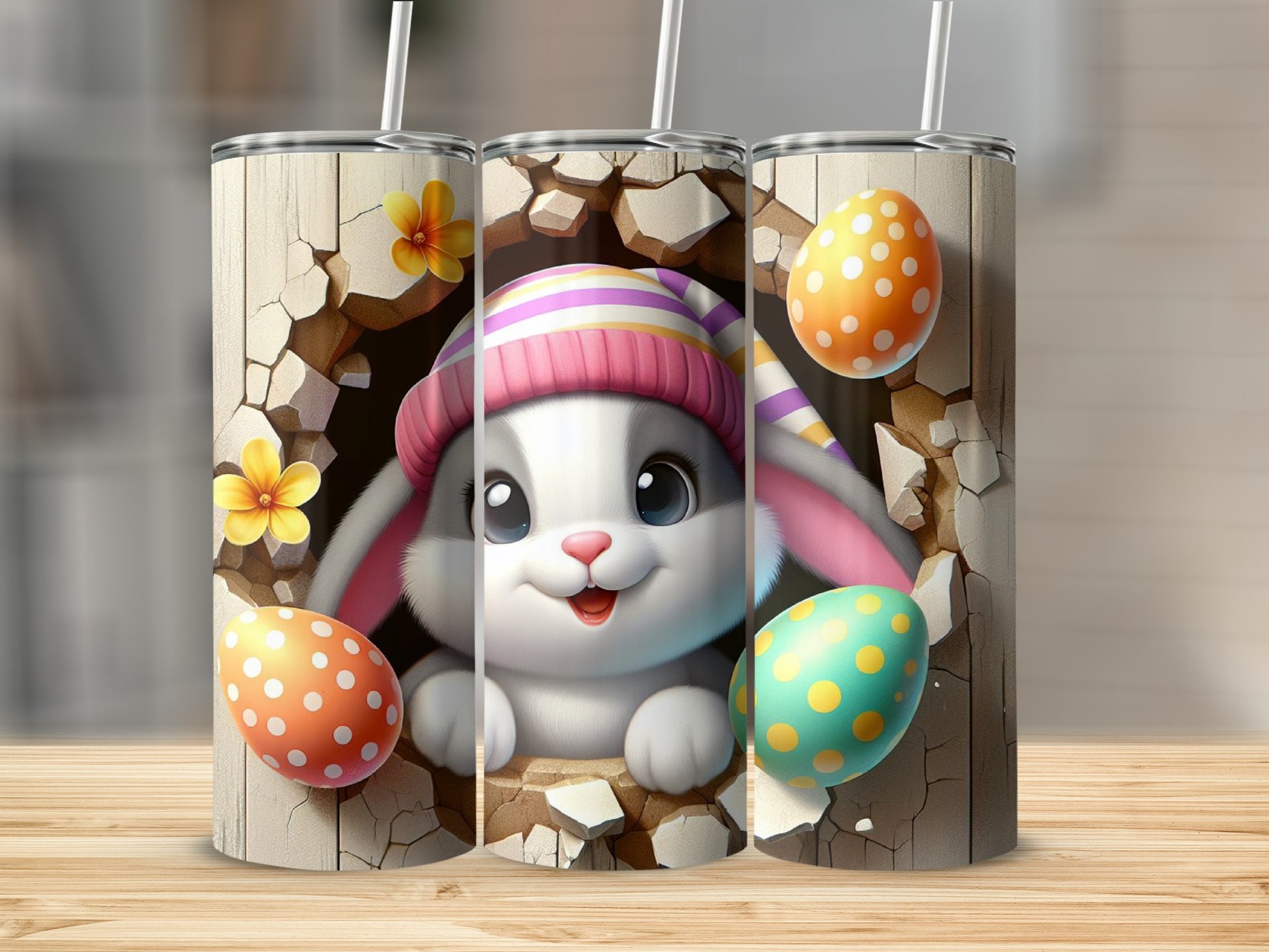Easter bunny peeking from cracked wood with colorful eggs.