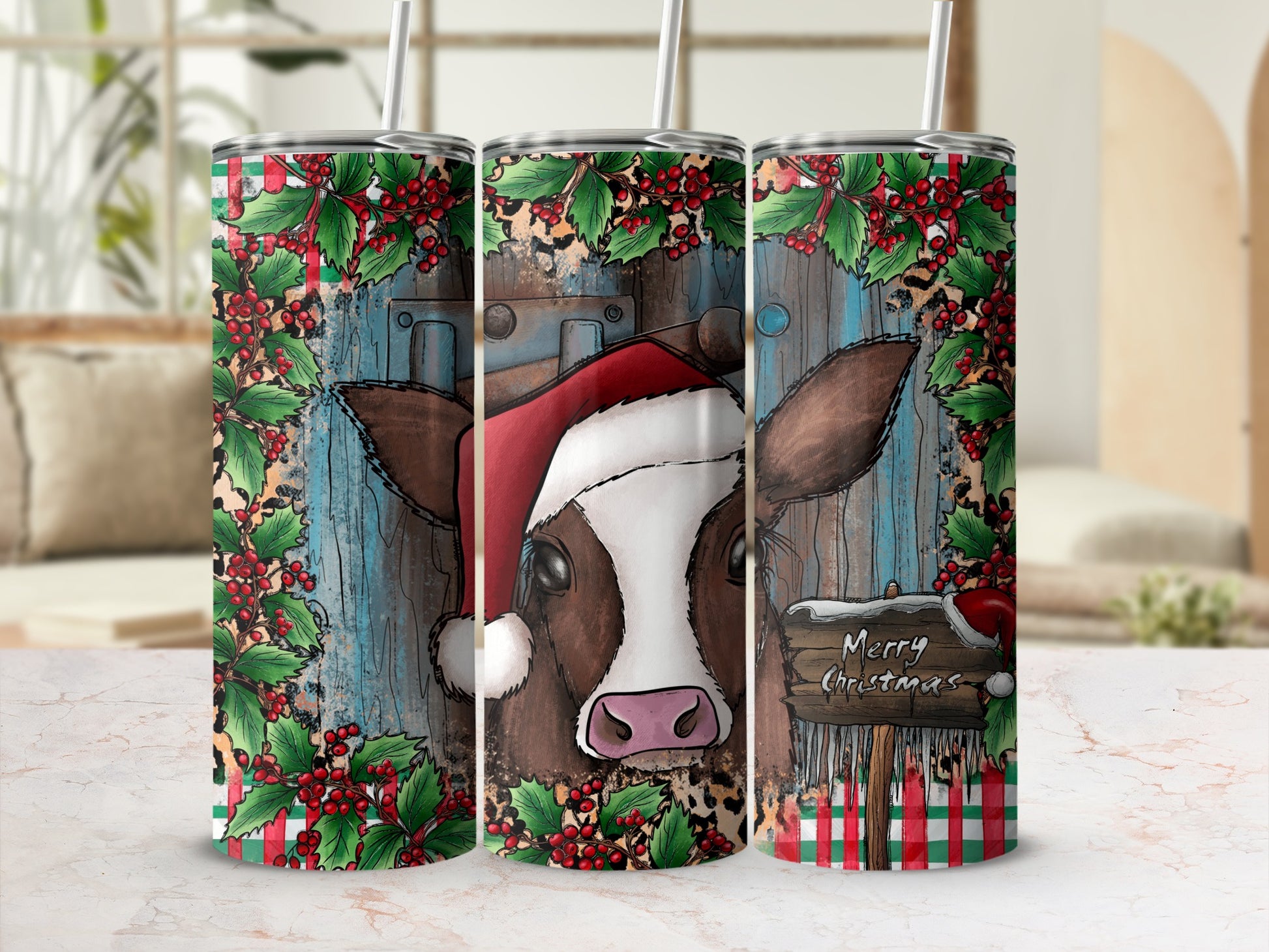 Cow wearing Santa hat and holly wreath, with "Merry Christmas" sign.