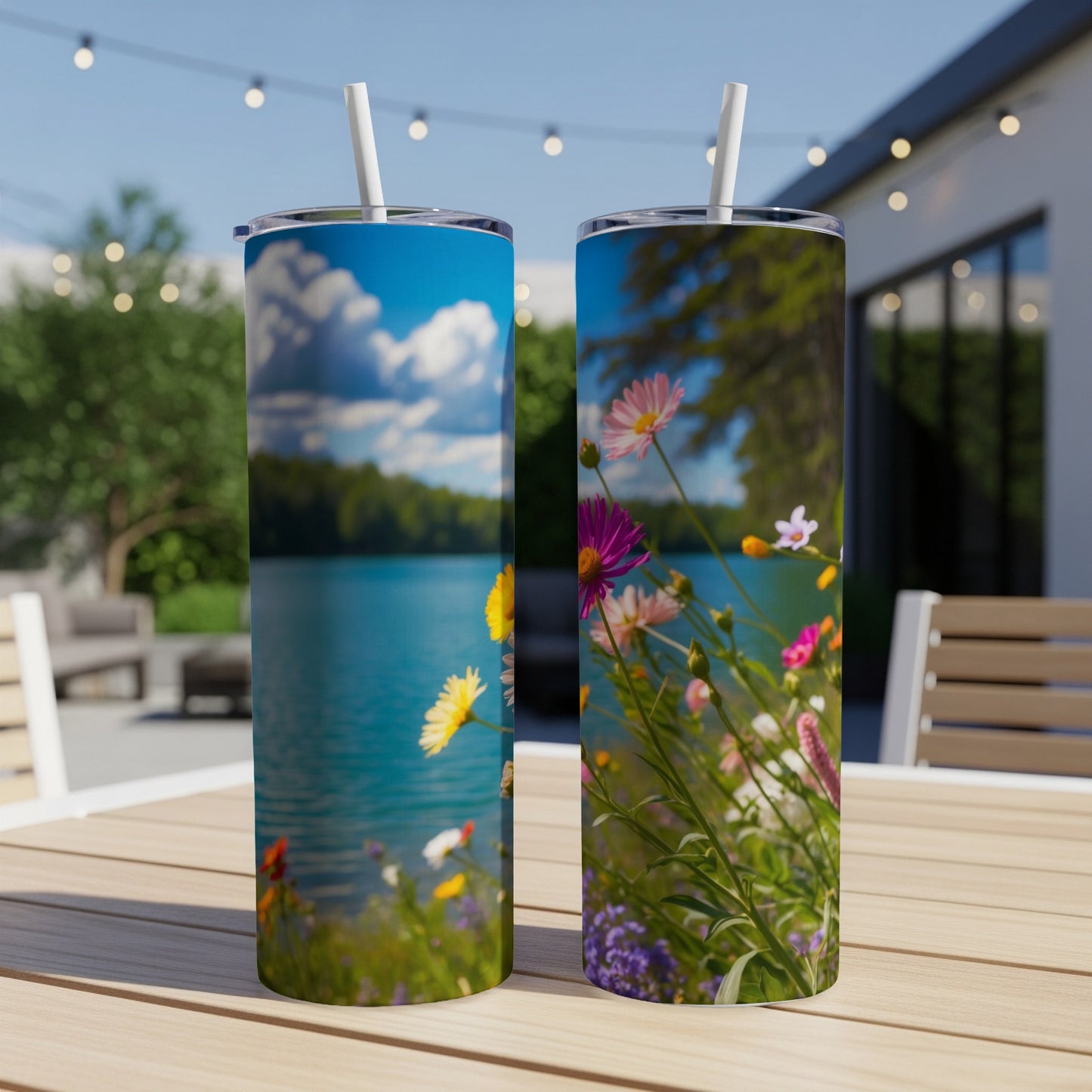 Two tumblers with floral pattern and lake background.
