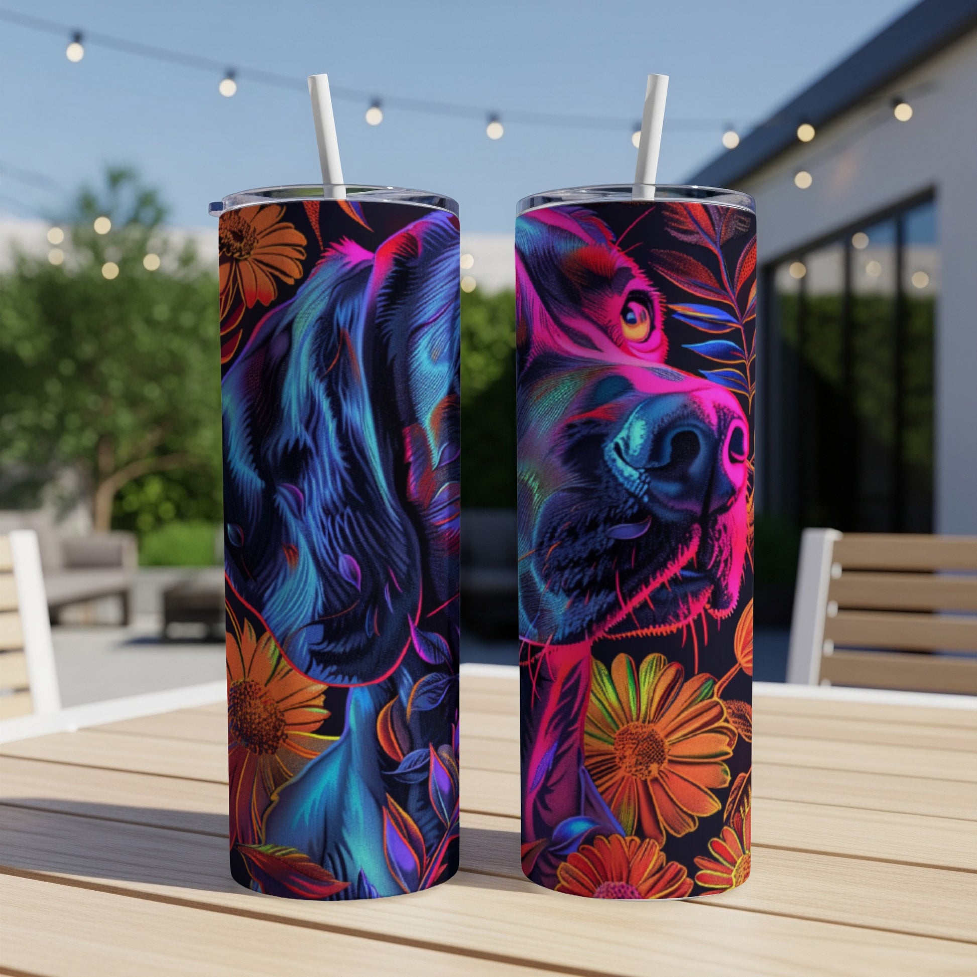 Two tumblers with colorful dog and floral illustration in an outdoor setting.