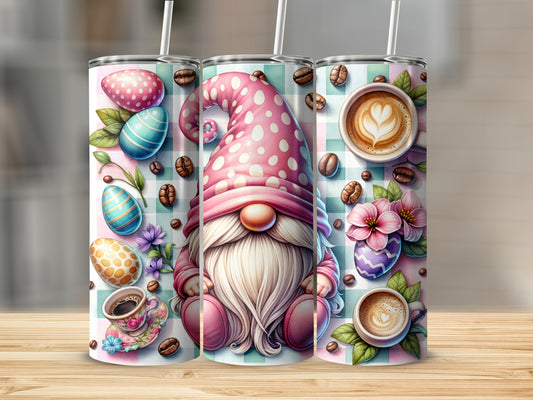 Easter gnome with coffee cups, decorated eggs, and flowers.