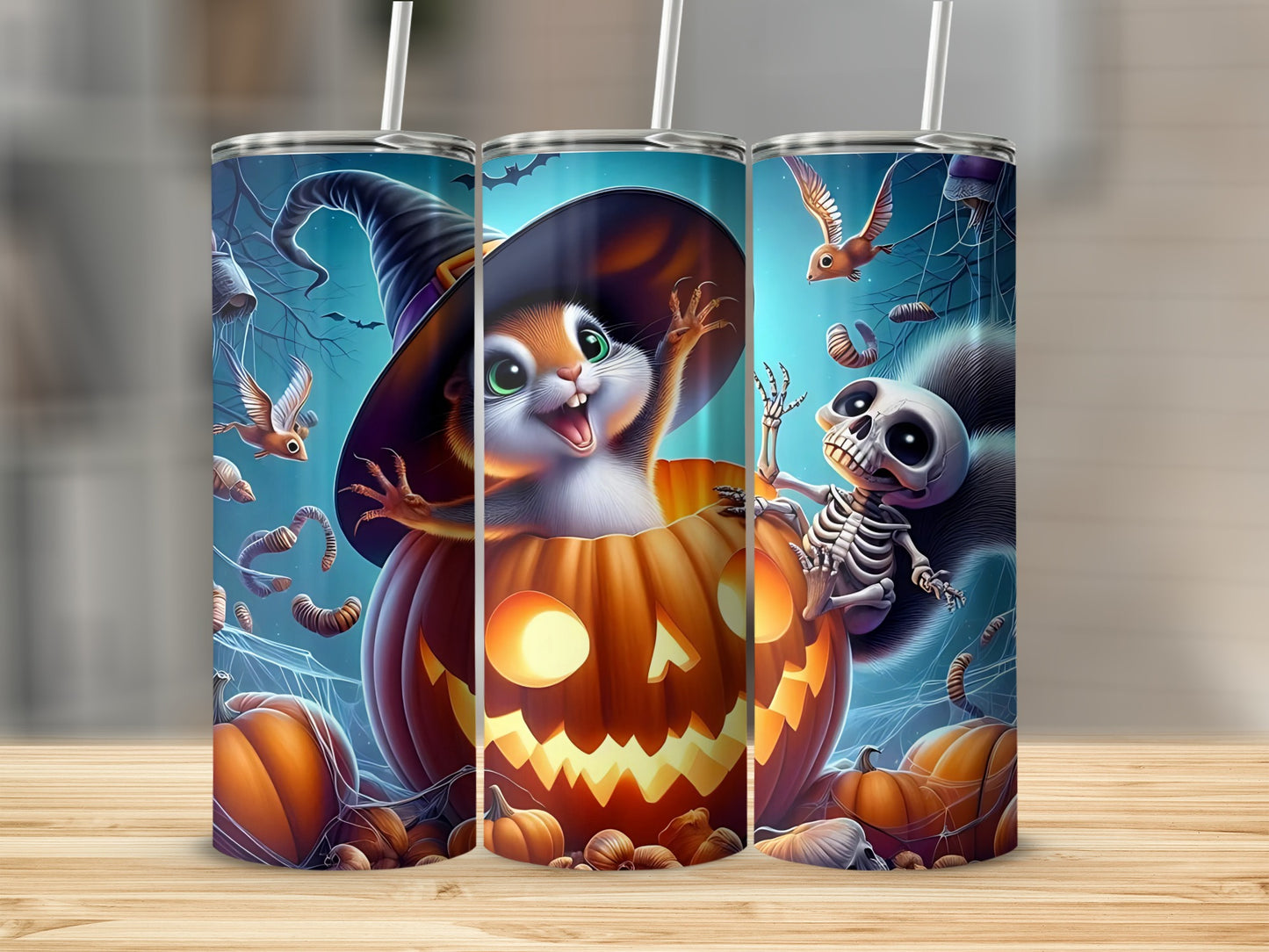 Halloween tumblers with a squirrel in a witch hat and a skeleton squirrel.