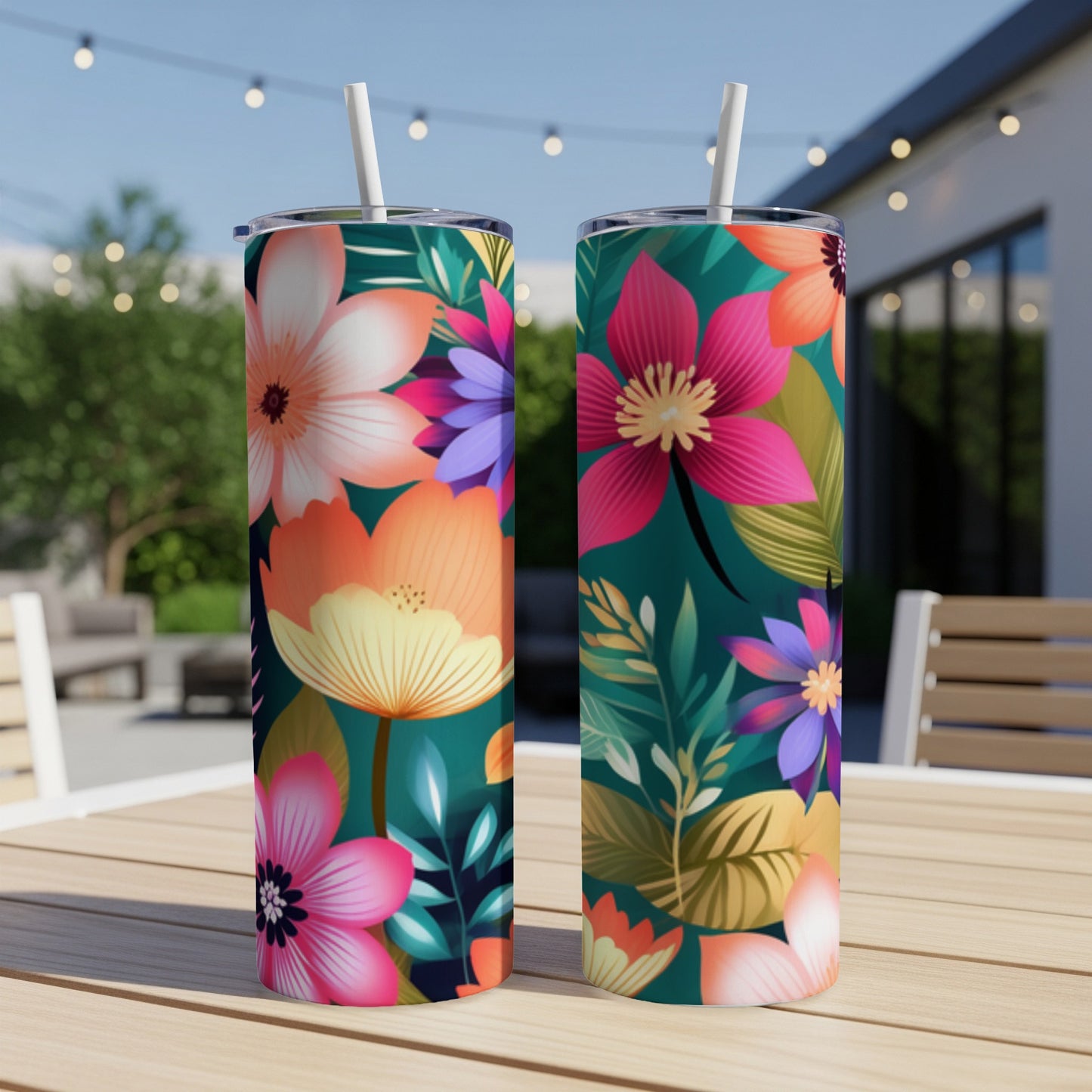 Two tumblers with a vibrant floral design stand on a wooden table.