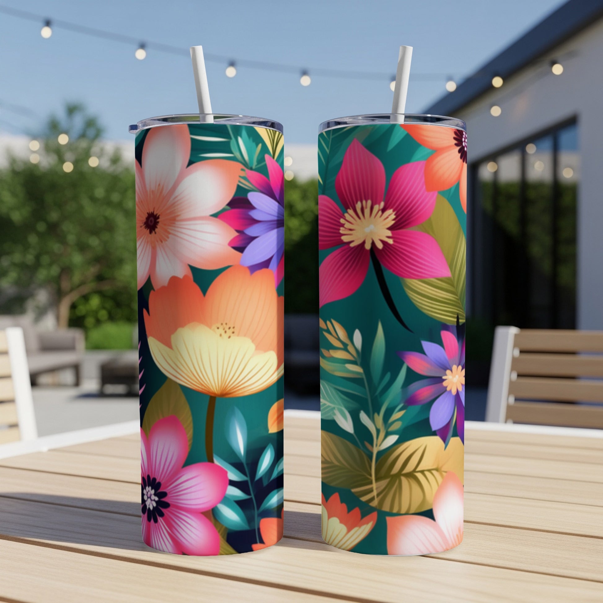 Two tumblers with a vibrant floral design stand on a wooden table.