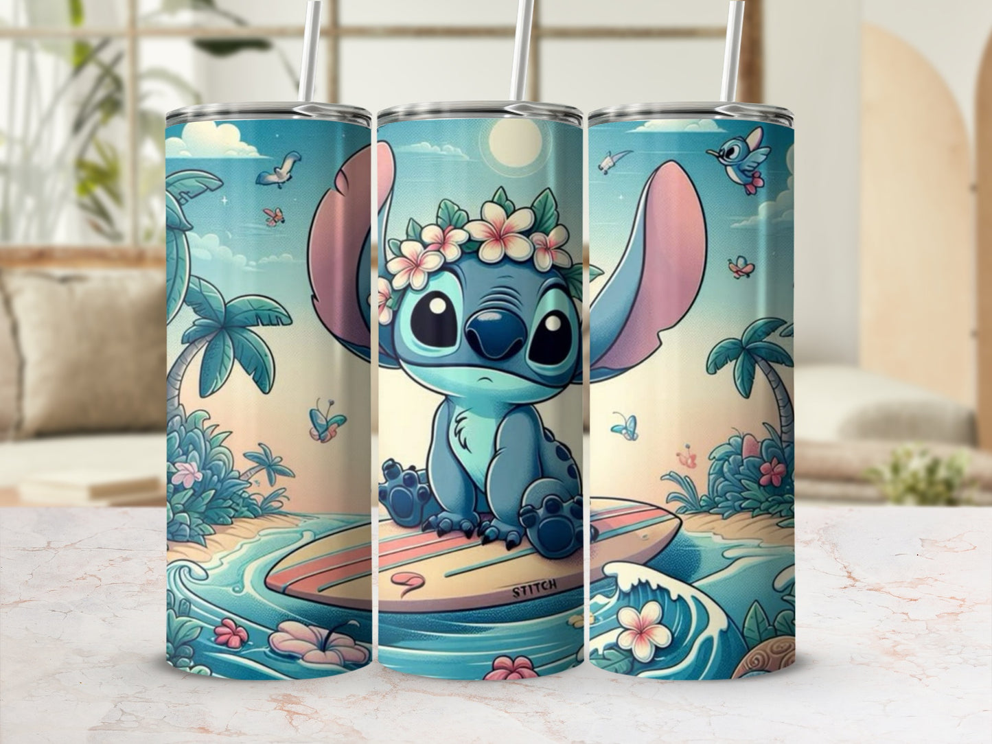 Cute Tropical Surfing Stitch Tumbler Design with Flowers