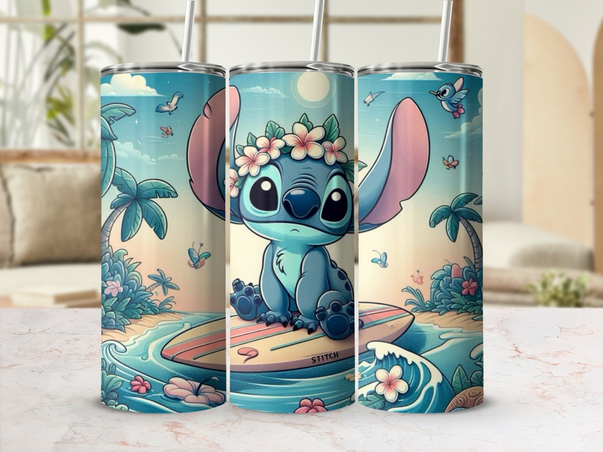 Cute Tropical Surfing Stitch Tumbler Design with Flowers