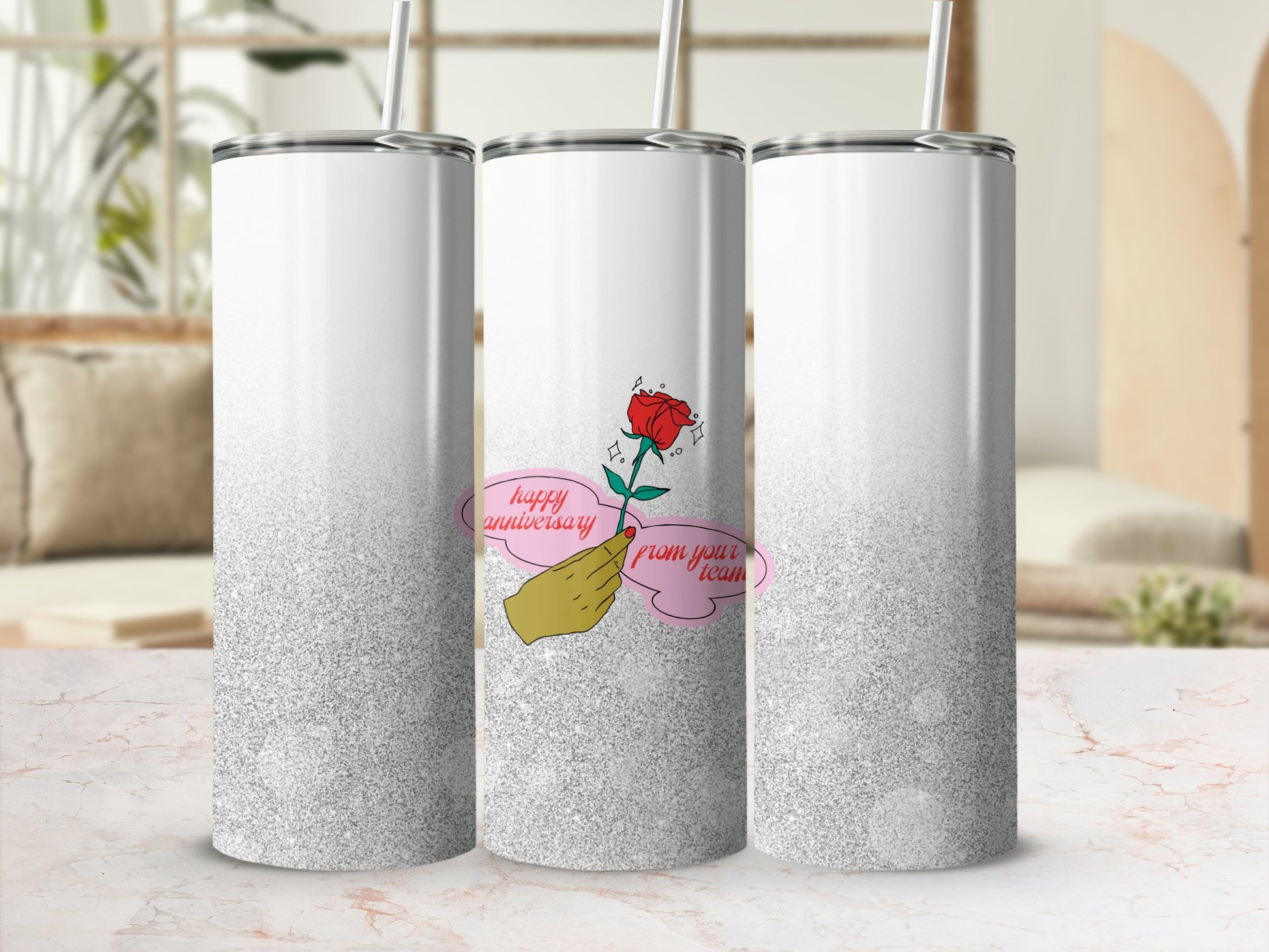 Three white glitter tumblers with a pink and red rose and text.