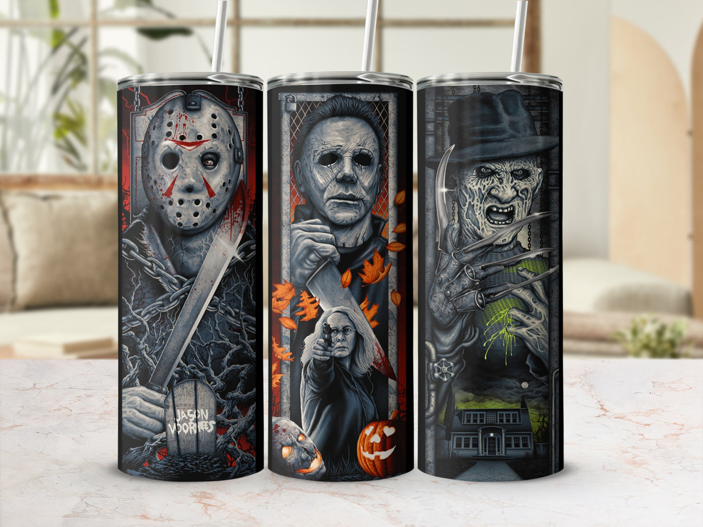 Three tumblers featuring horror villains Jason Voorhees, Michael Myers, and Freddy Krueger.