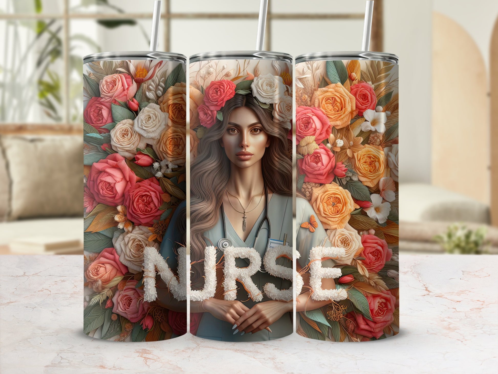 Nurse tumbler with floral accents and "Nurse" text.