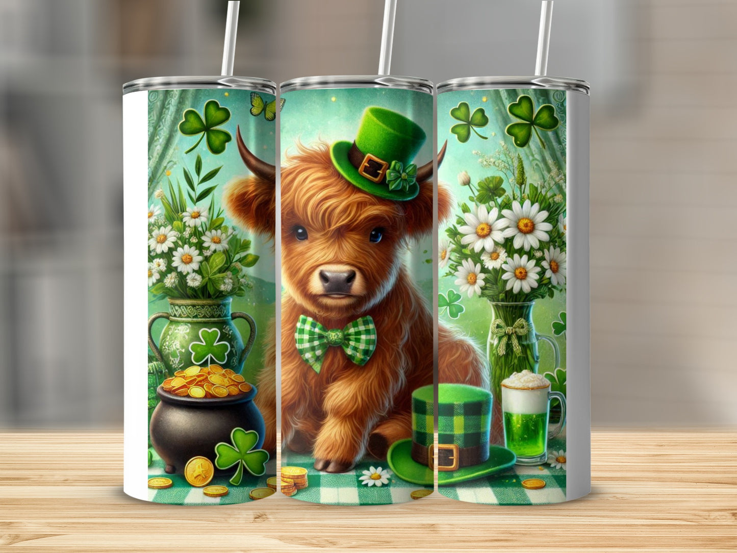 Highland cow in green hat with shamrocks and pot of gold.