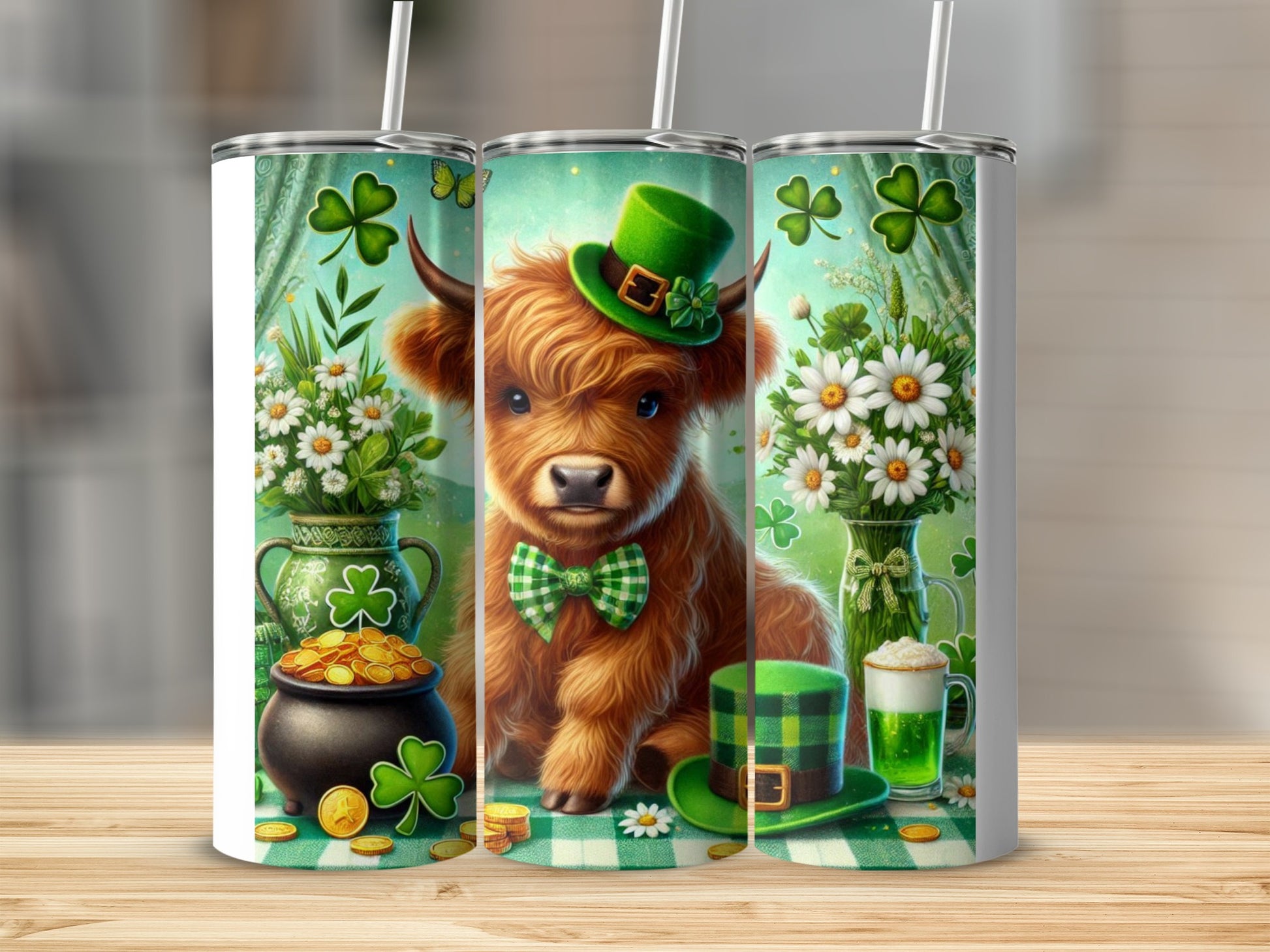 Highland cow in green hat with shamrocks and pot of gold.